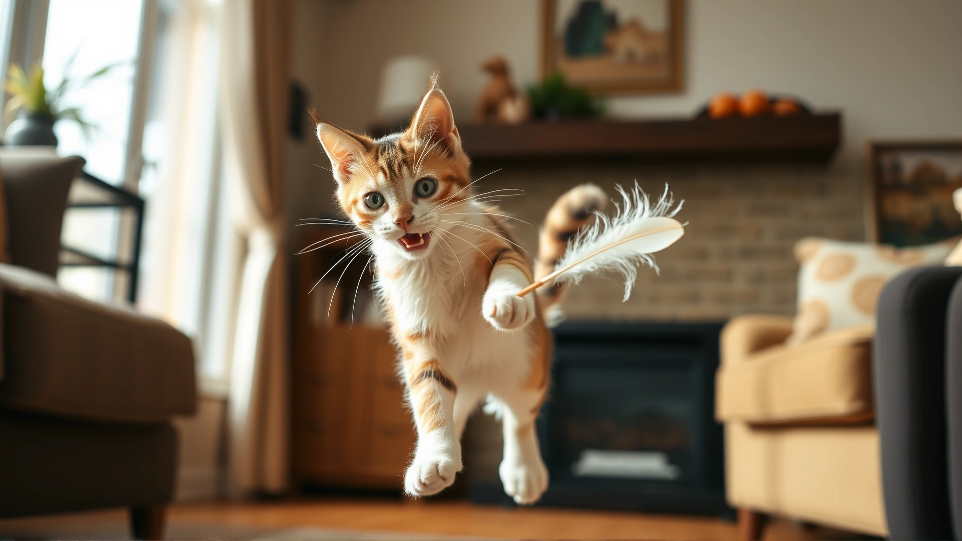 Wide shot of a playful Burmilla cat jumping mid-air after a feather toy in a cozy living room, natural daylight, motion captured