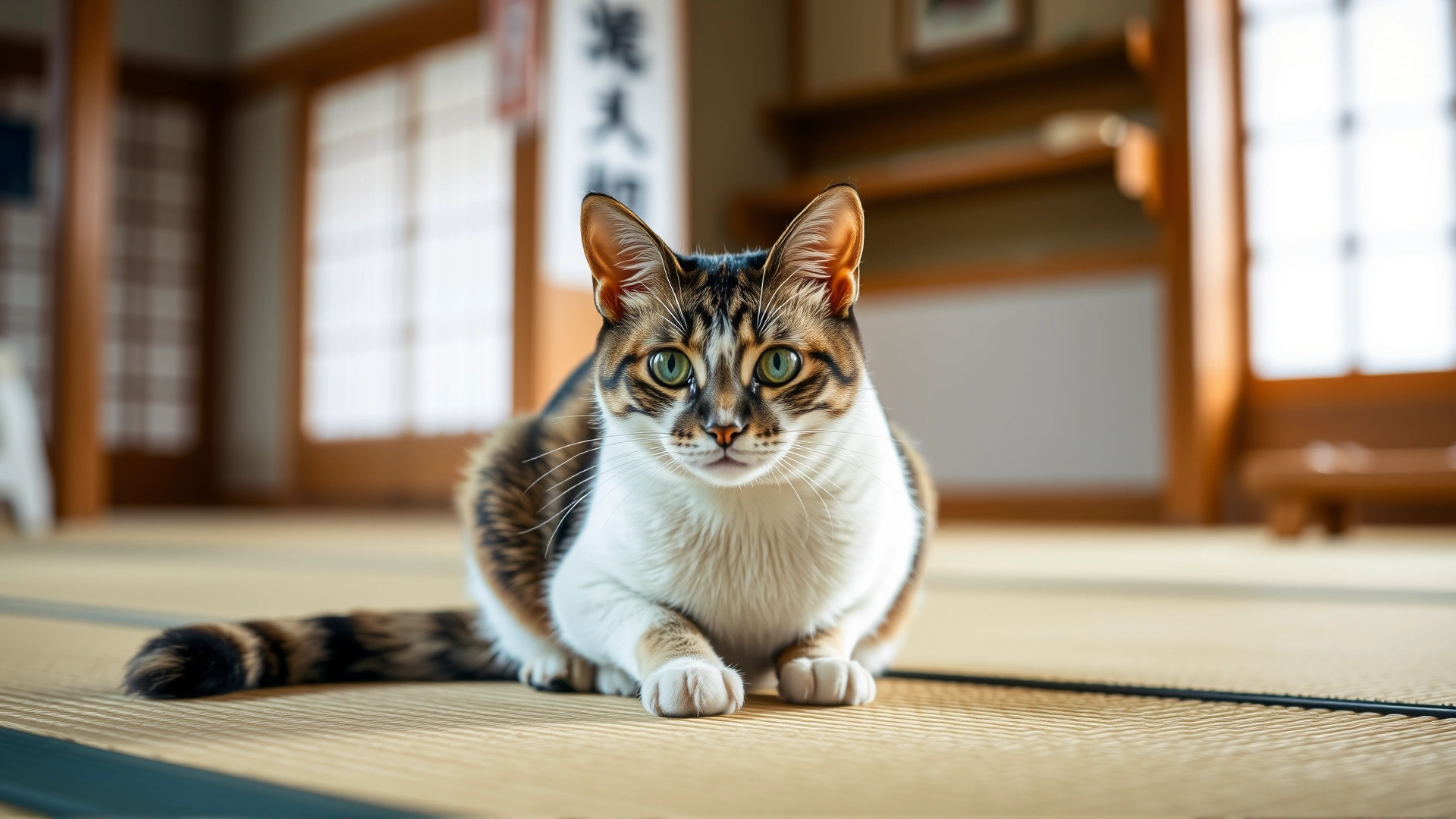 Japanese Bobtail cat with distinctive short tail sitting on a tatami floor with a blurred traditional Japanese interior behind, soft natural lighting.