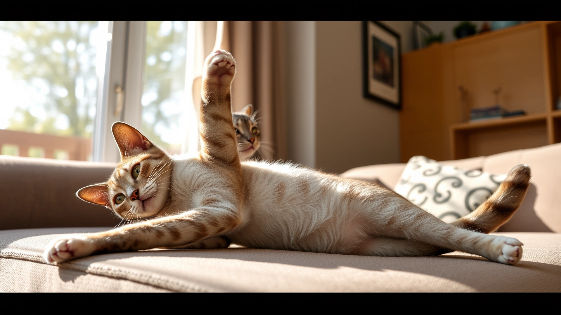 Colorpoint Shorthair cat stretching on a cozy living-room couch next to a large sunny window, capturing its playful yet relaxed nature.