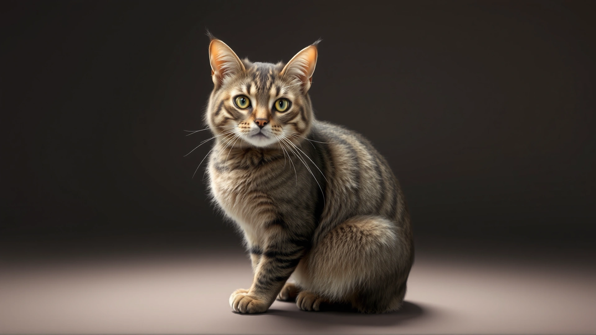 A Sokoke Forest cat sitting gracefully under soft studio lighting with neutral background, highlighting its coat pattern, high resolution.
