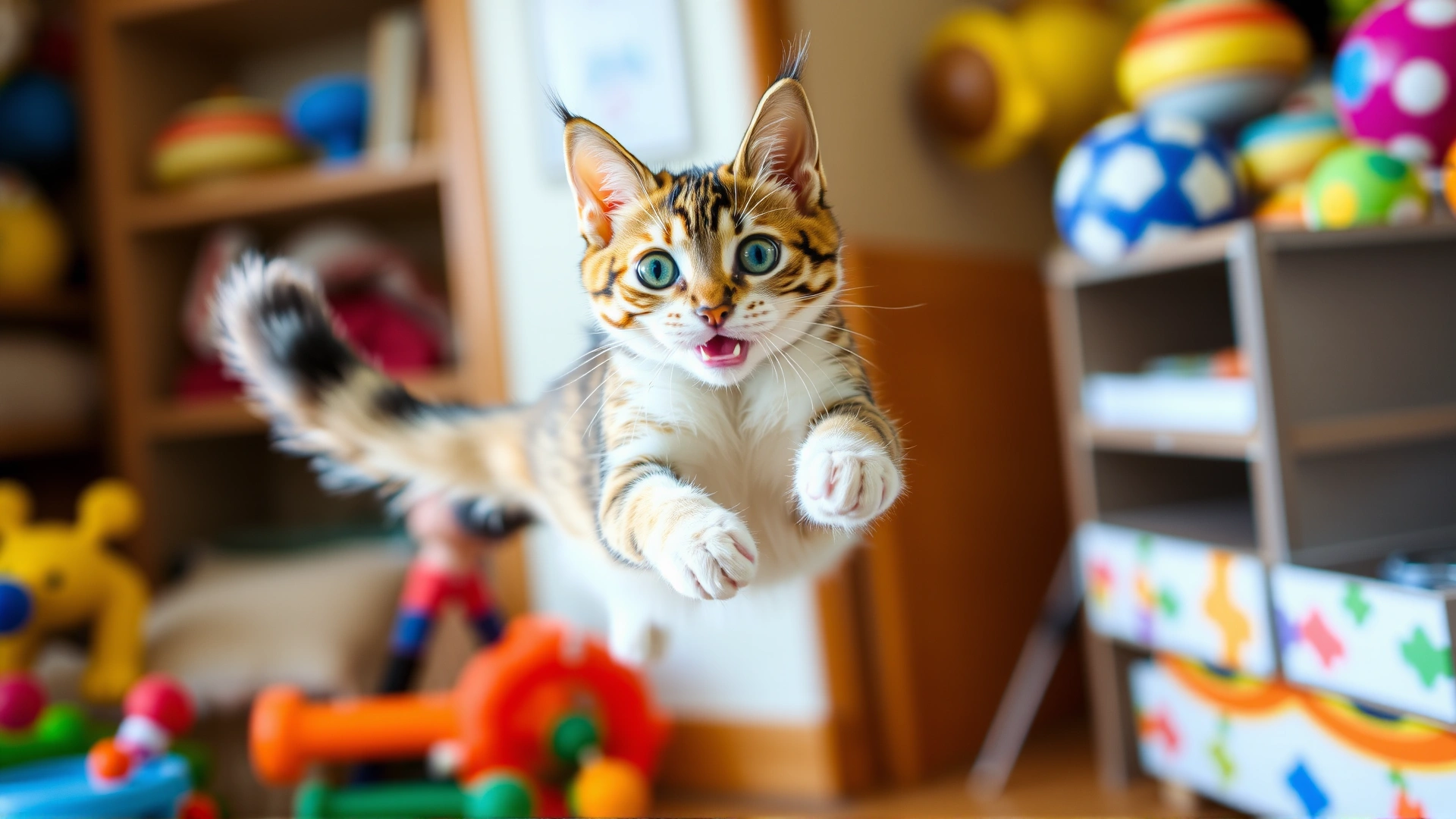 Playful California Spangled cat leaping mid-air indoors with blurred colorful toys in background, bright lighting, high-speed photo