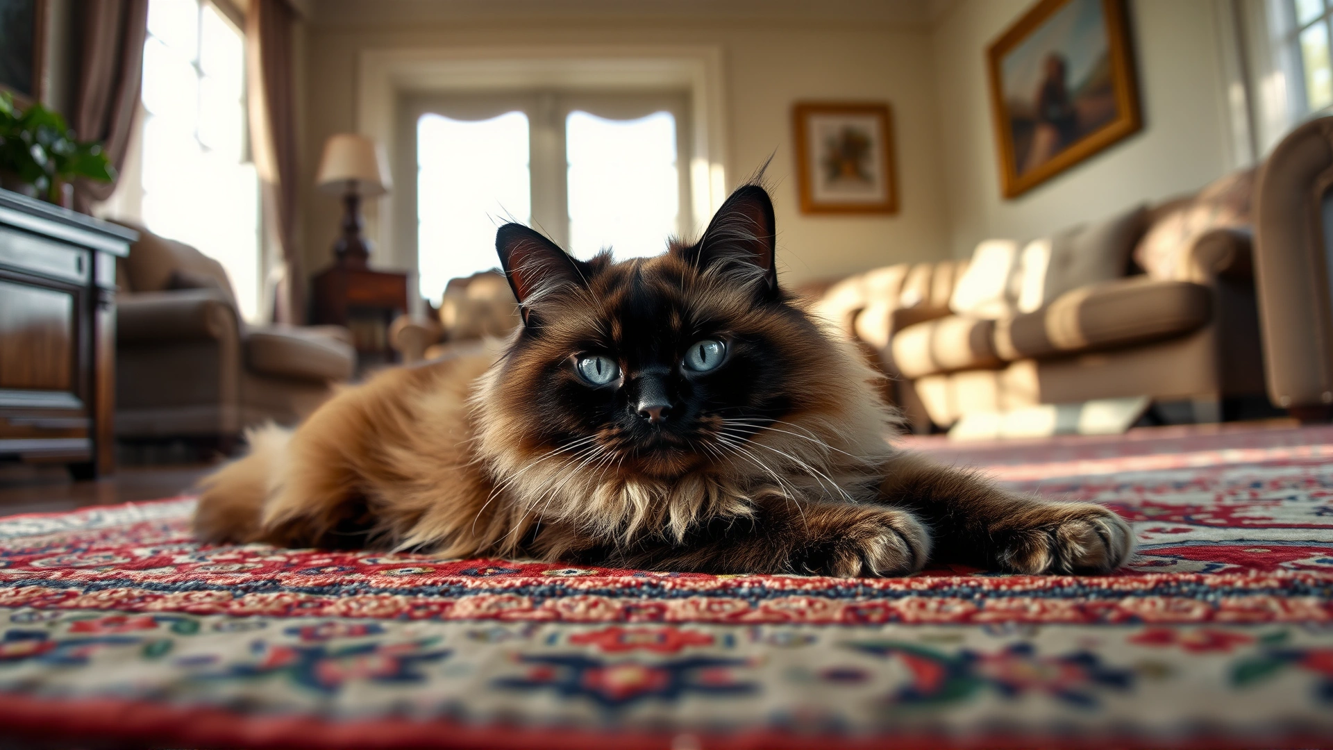 A full-body shot of a relaxed Peke-Faced cat lounging on a vintage Persian rug in a sunlit living room