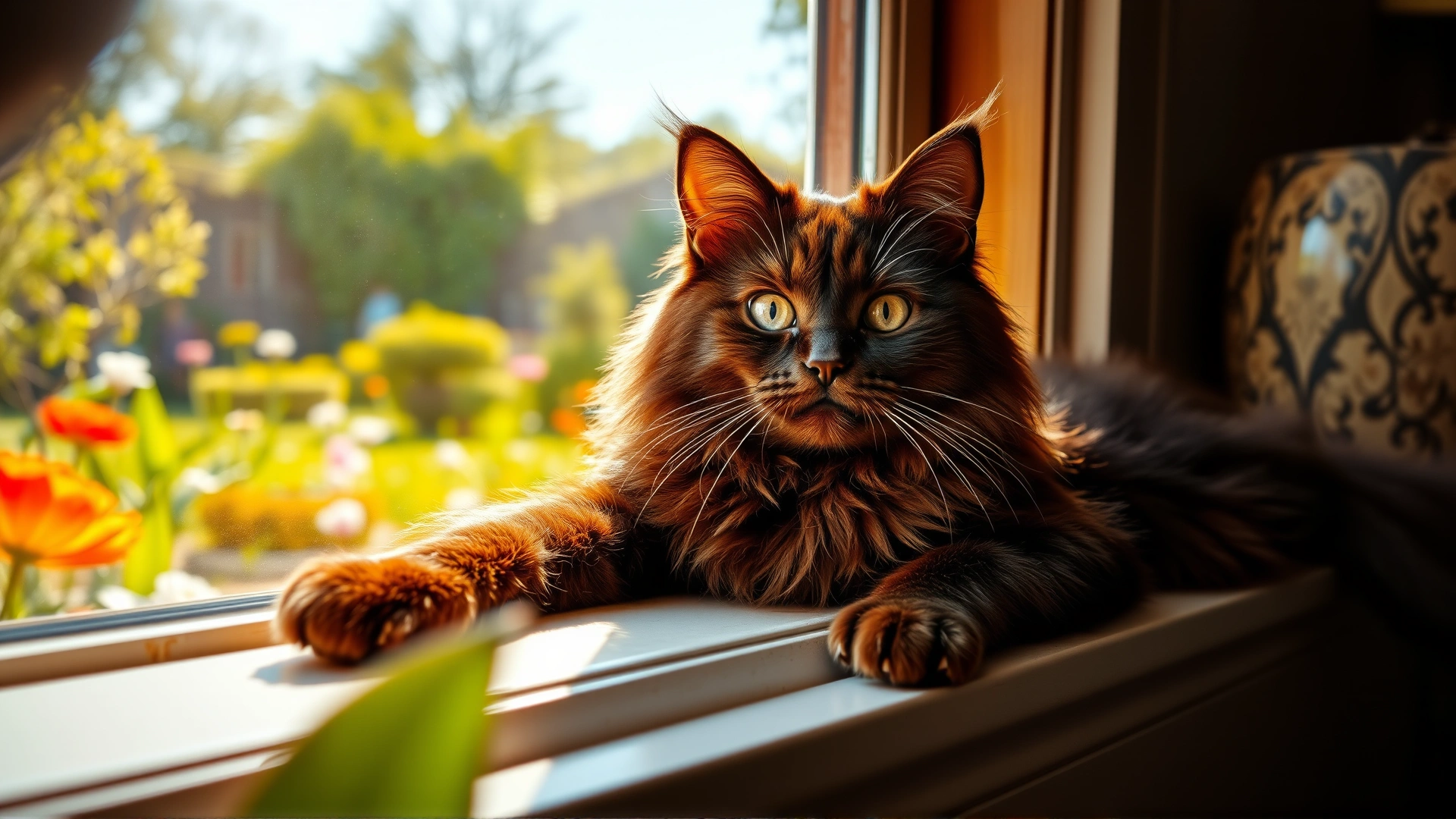 A majestic York Chocolate cat lying on a windowsill overlooking a sunlit garden, emphasis on the silky chocolate coat, bright and inviting atmosphere
