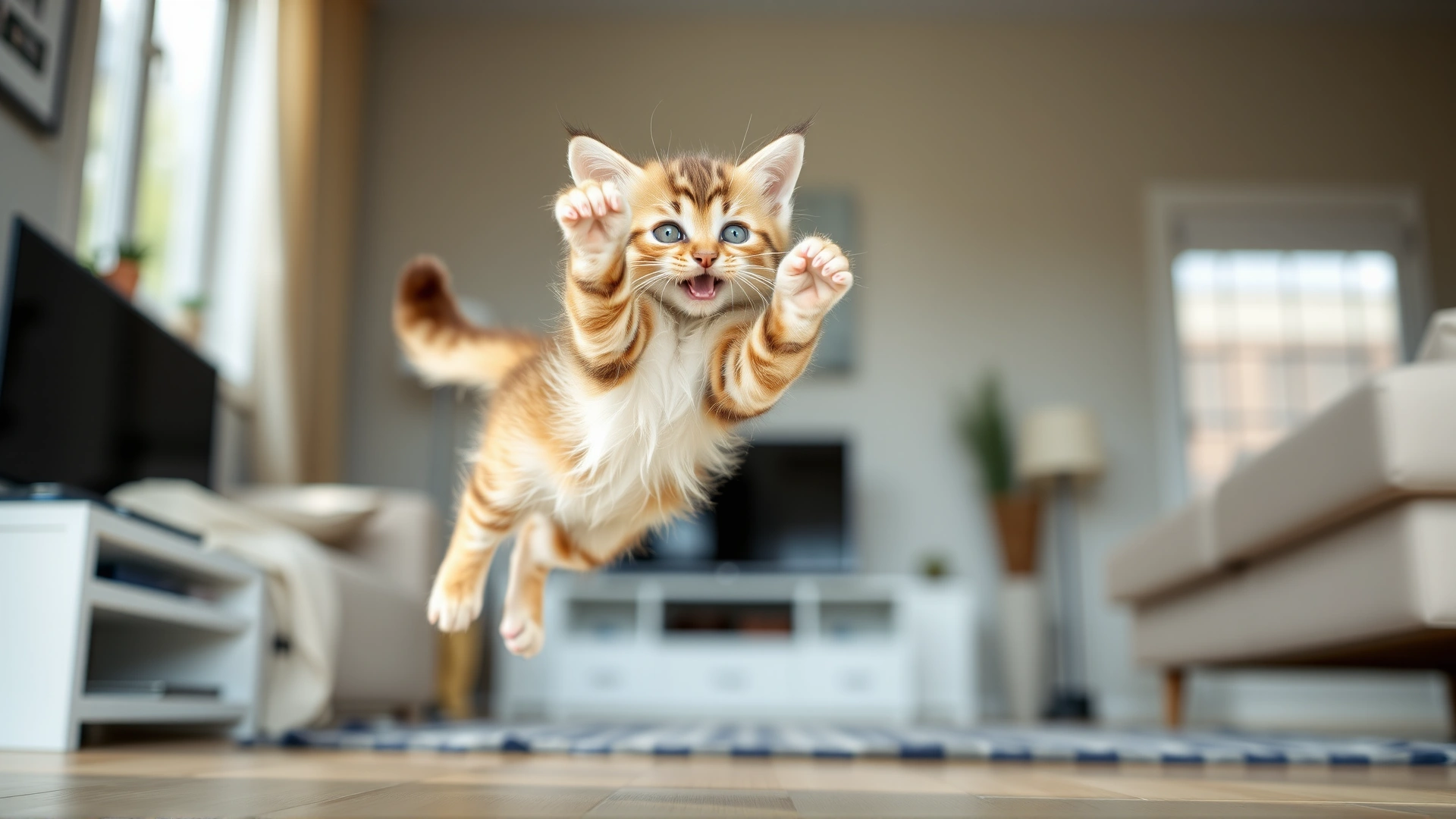 Playful Singapura kitten leaping in mid-air with blurred living-room background, bright natural light, high resolution