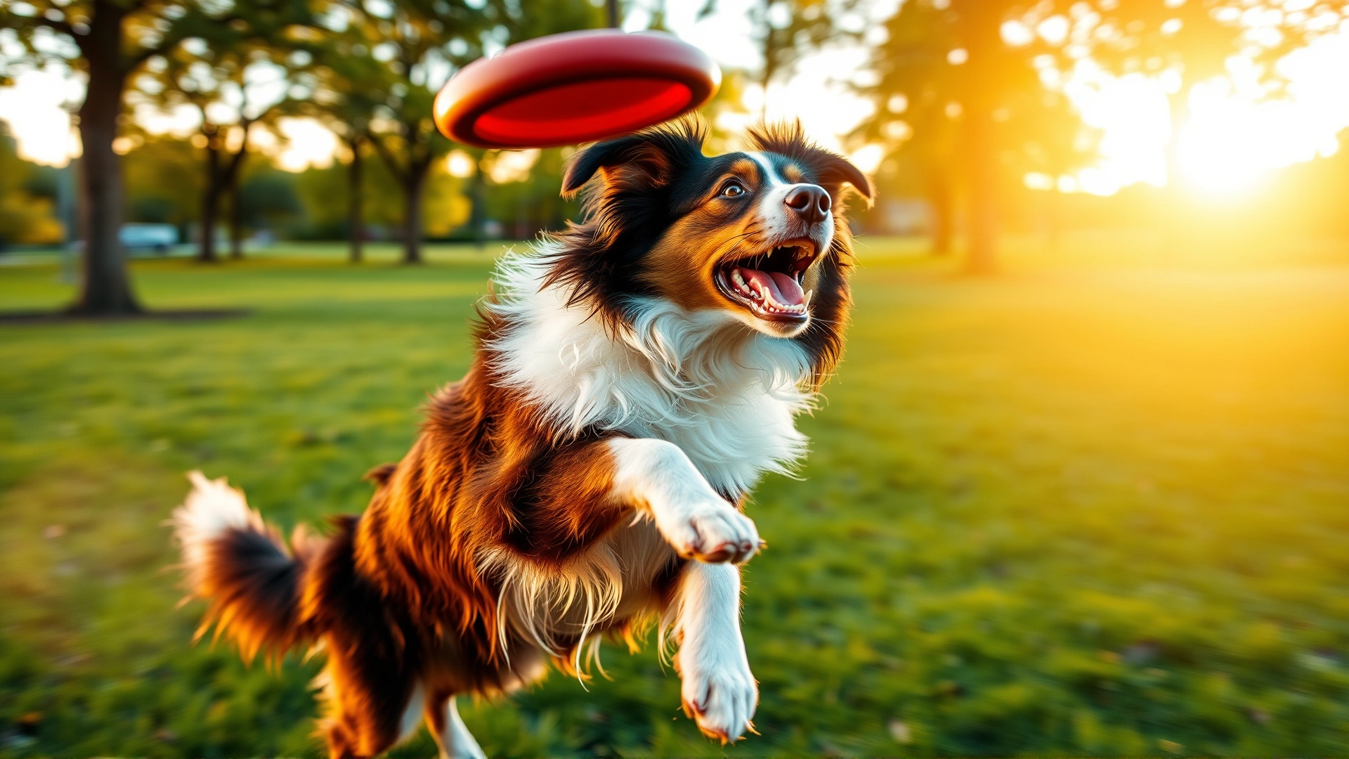 Close-up action shot of an Australian Shepherd leaping to catch a frisbee in a park during golden hour, motion blur on background, sharp focus on dog.