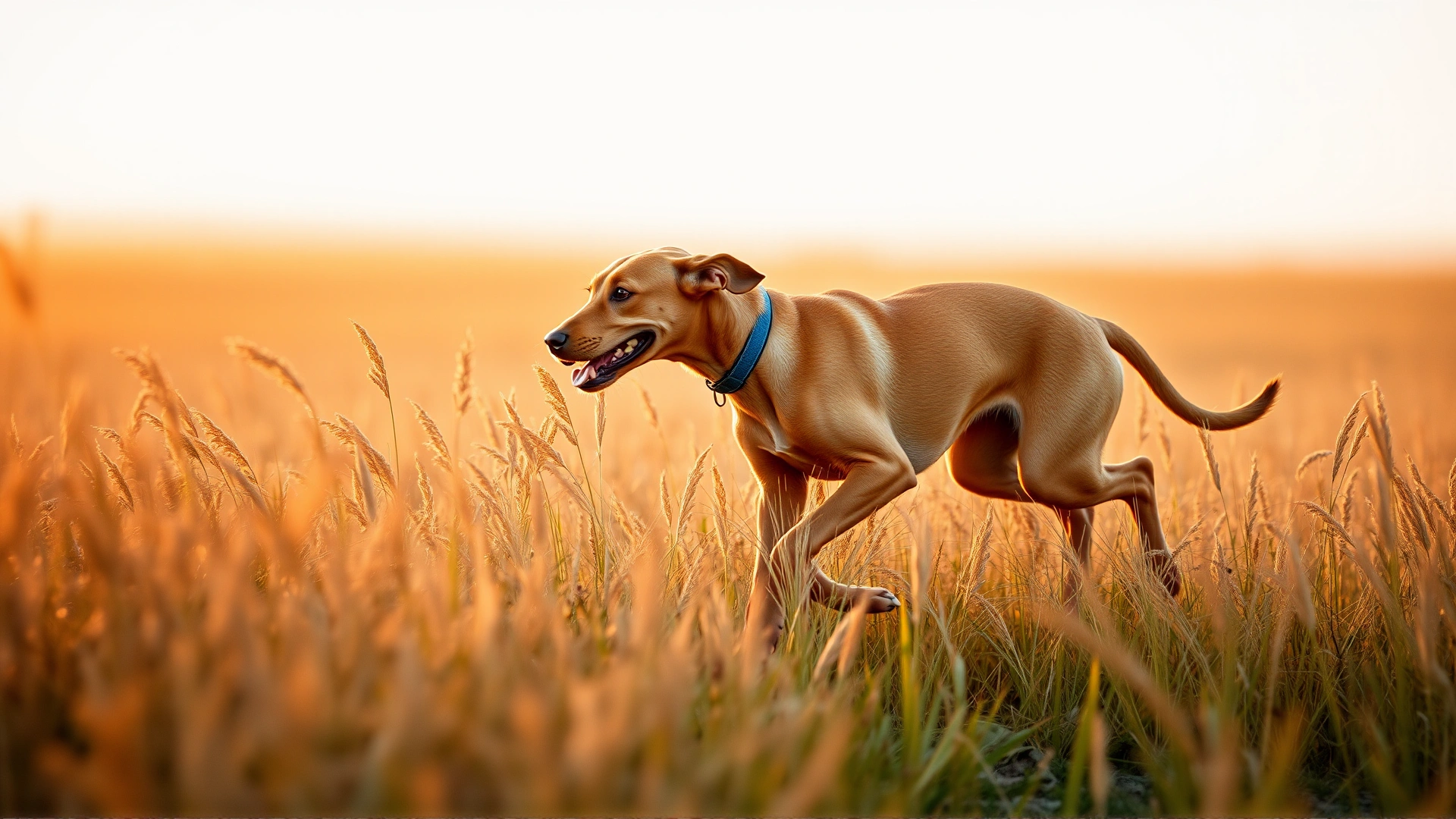 Full-body shot of a Vizsla dog running through a golden grass field at sunrise, warm natural lighting, motion blur background