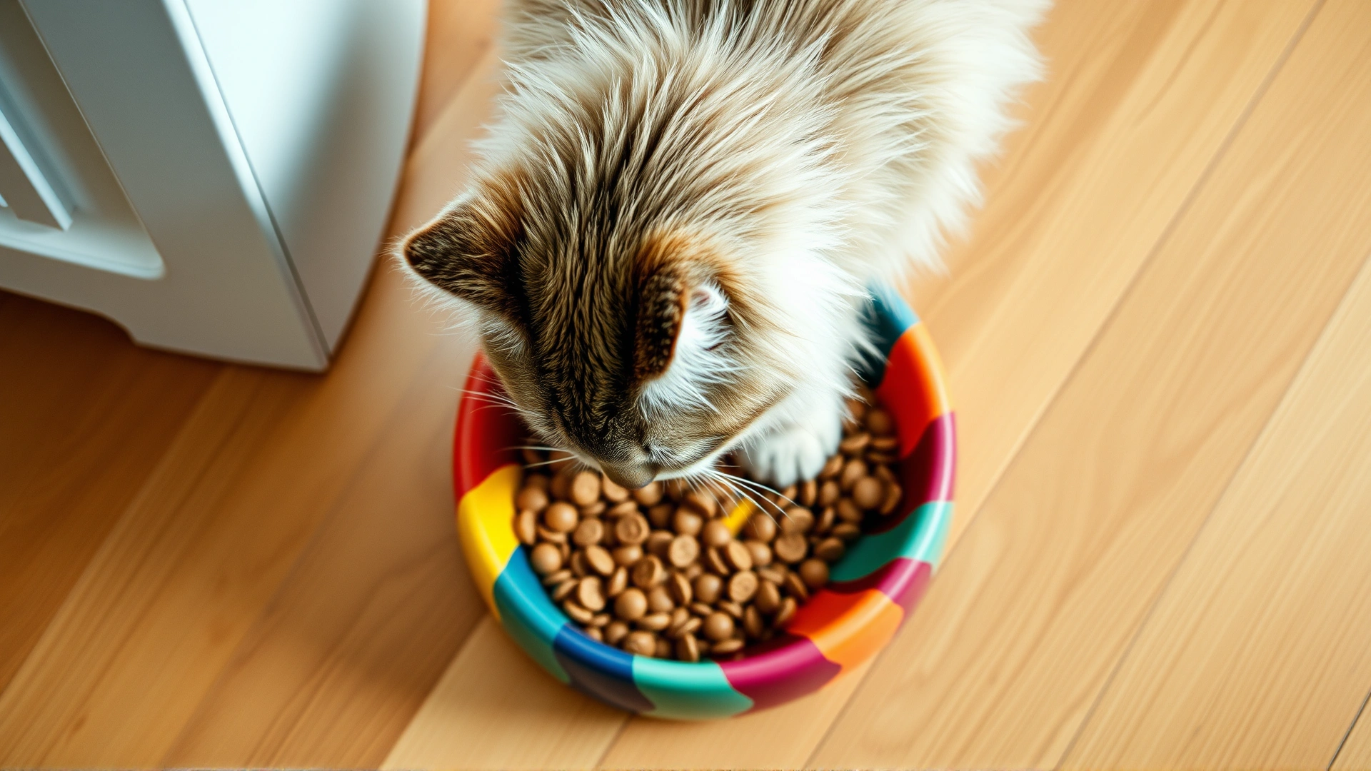 Overhead shot of a fluffy domestic cat eating from a colorful spiral slow feeder bowl on a wooden kitchen floor, soft daylight