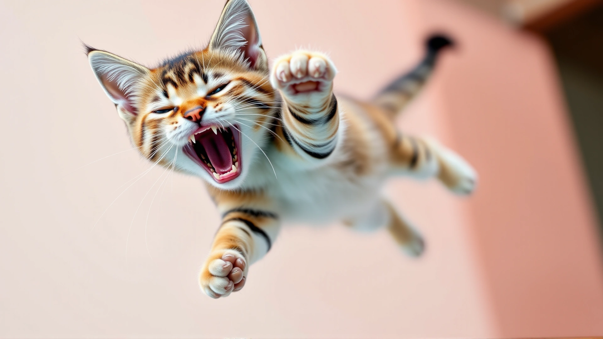 Playful young cat leaping mid-air with mouth open, focus on teeth, bright pastel background, high shutter speed photo