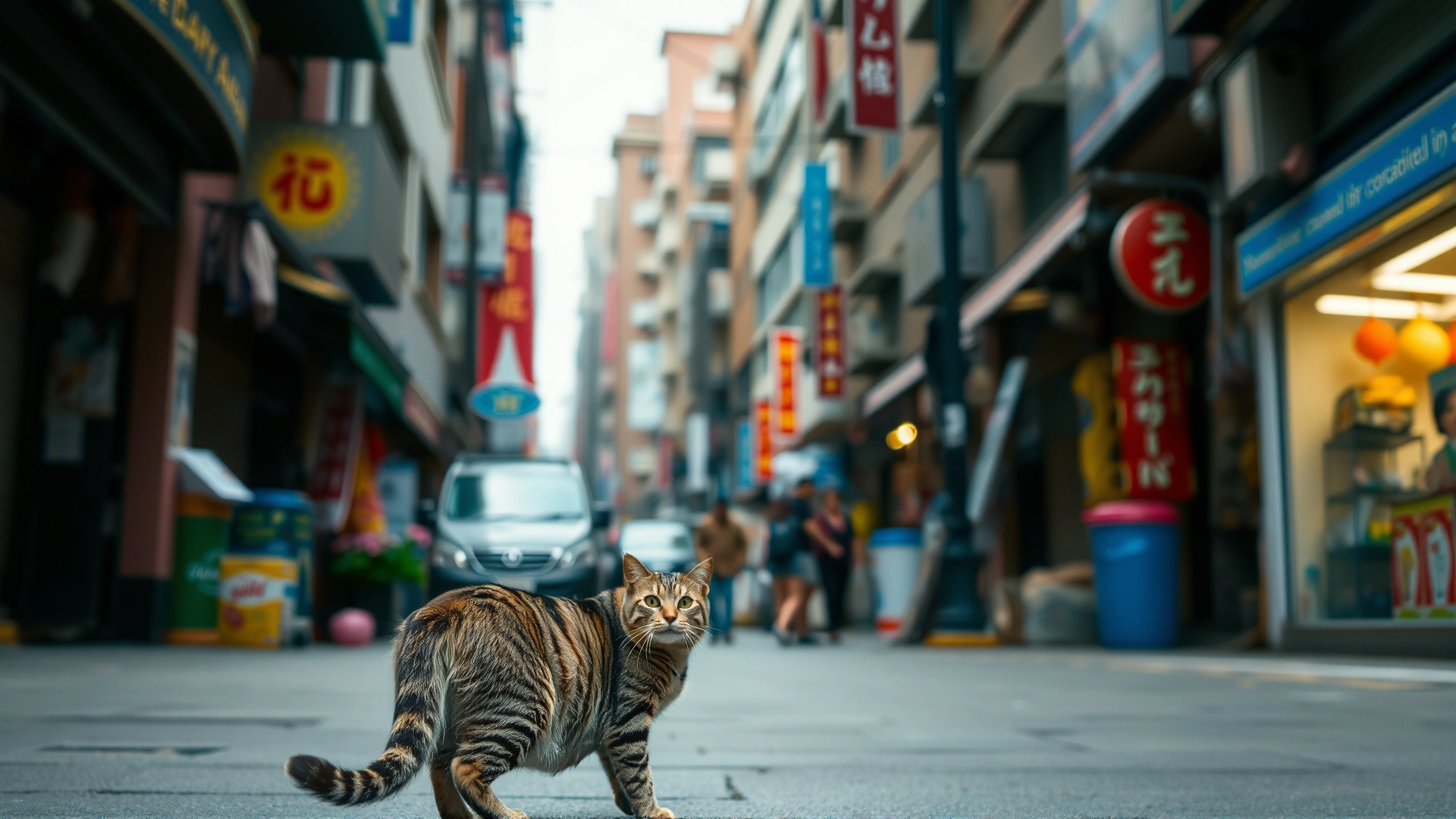 A wide-angle shot of a bustling city alley with a single tabby cat in the foreground, slightly blurred background to highlight the cat’s presence.