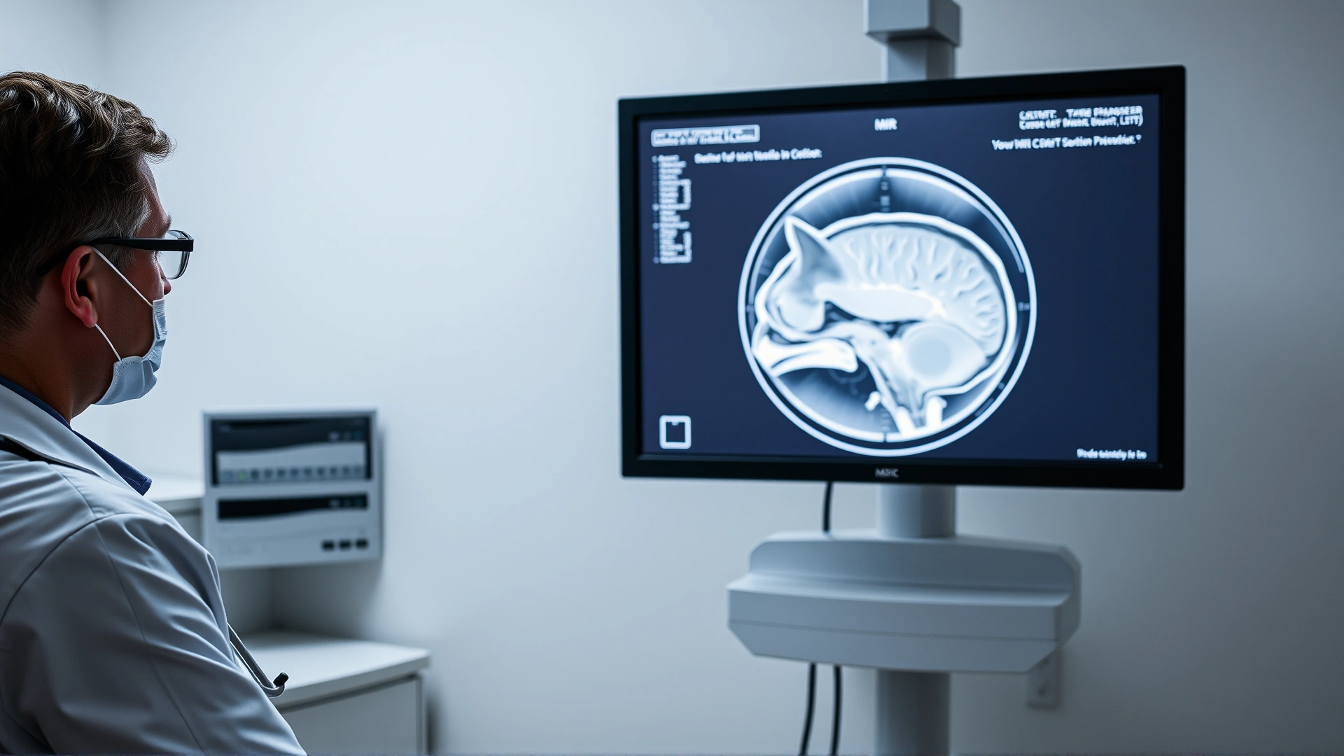 Veterinarian viewing a detailed MRI scan of a cat brain on a large monitor inside a modern clinic, soft neutral colors, no text visible.