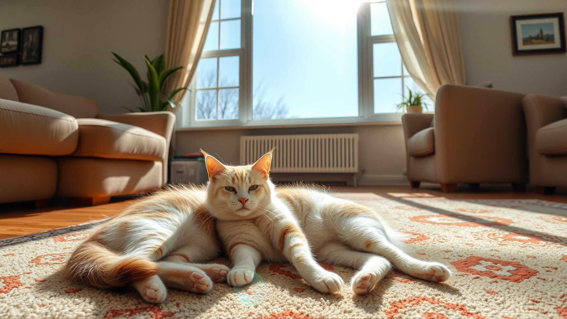 Peaceful living room scene with two relaxed cats lounging together on a carpet, sunlit windows, high-resolution photo