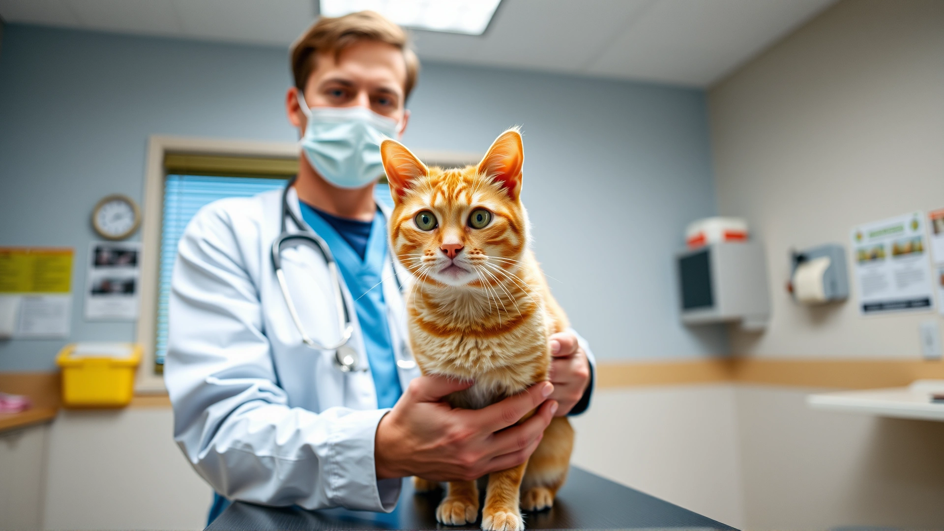 Wide horizontal image of a veterinarian clinic interior with a vet holding an orange tabby cat on the exam table, light softly illuminating the scene.