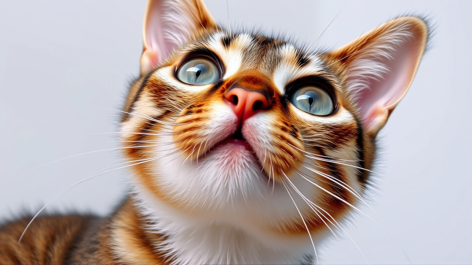 Wide angle, high-resolution banner image of a curious domestic cat looking up, coat clearly visible with subtle lighting highlighting fur texture, minimalist background to allow for overlay text.