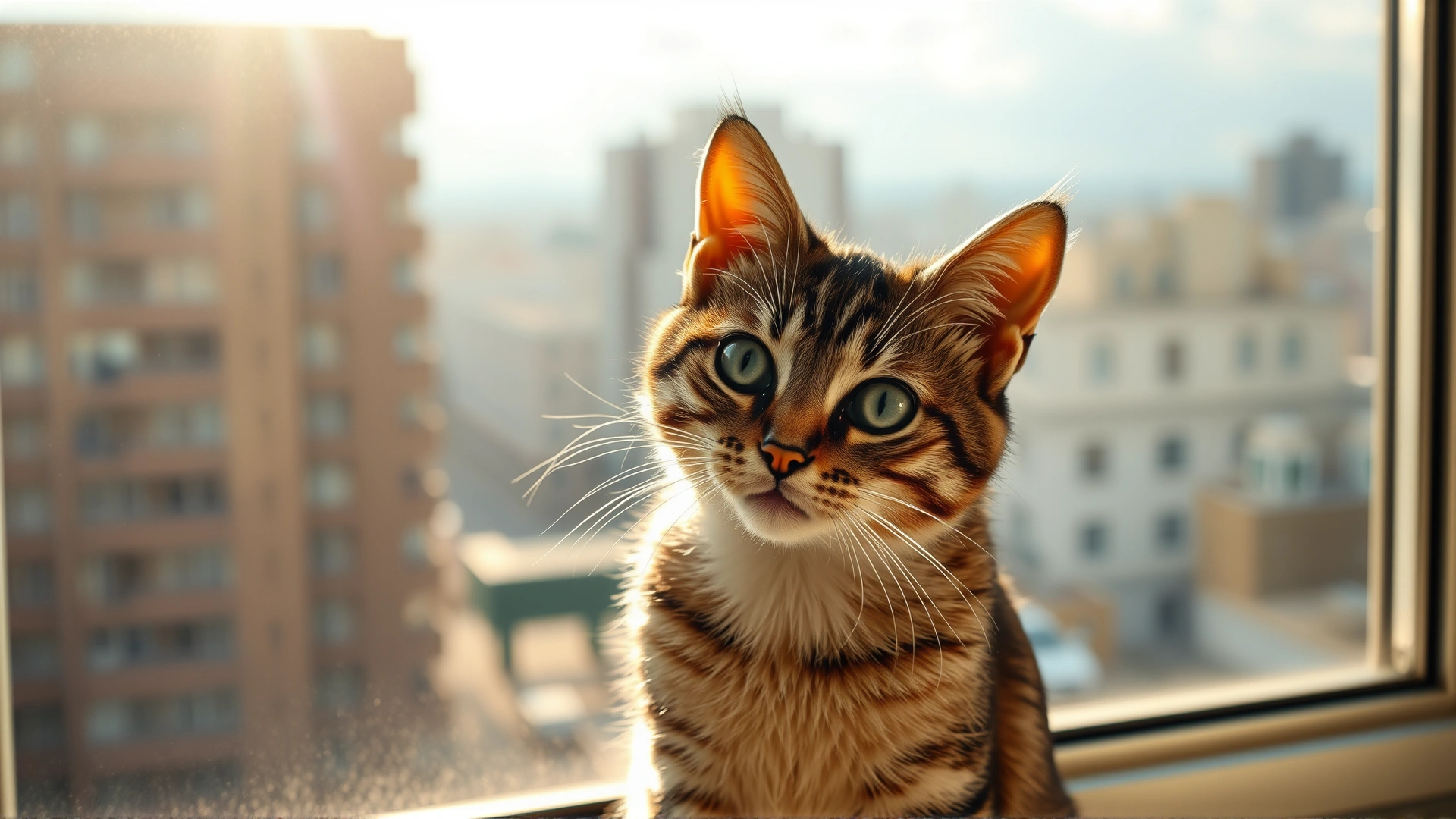 Wide shot of a curious adult cat sitting on a windowsill with warm sunlight, cityscape blurred in background, evokes hope and care