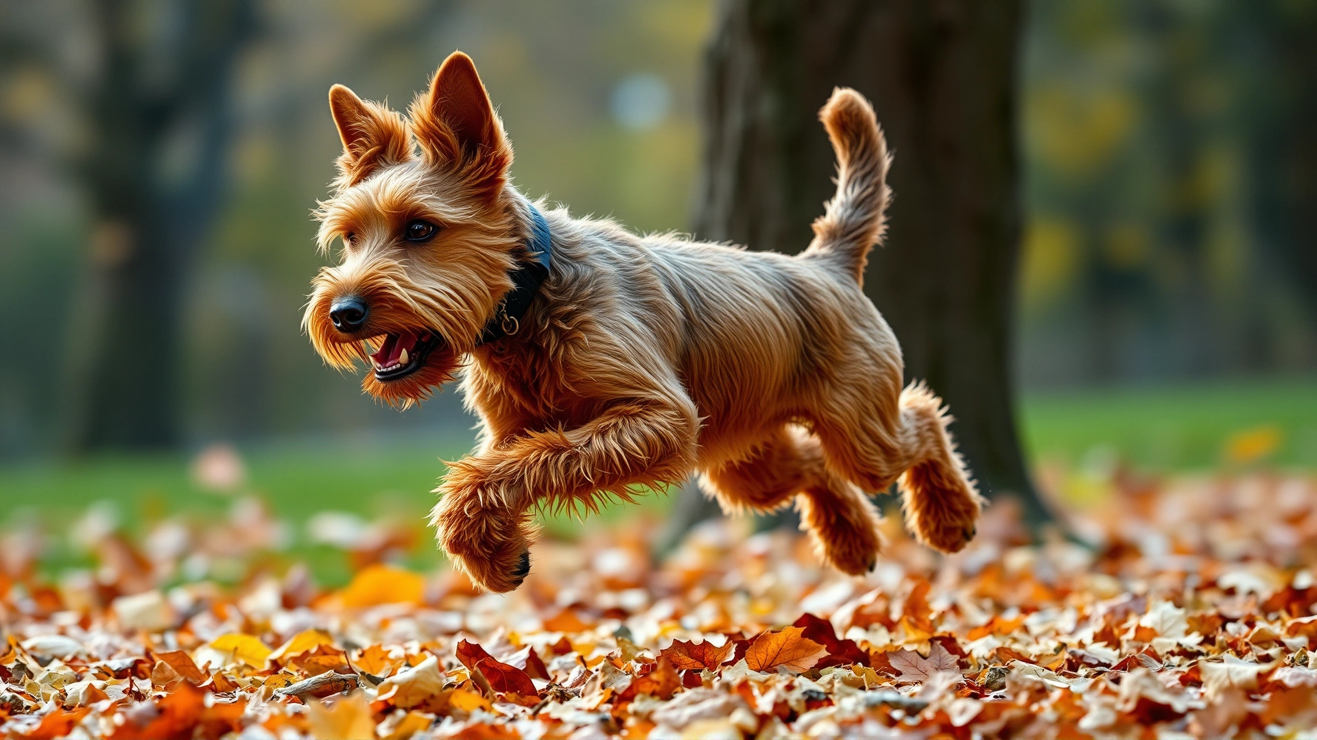 Welsh Terrier running through autumn leaves, mid-leap action shot, showcasing its athletic build and wiry coat.