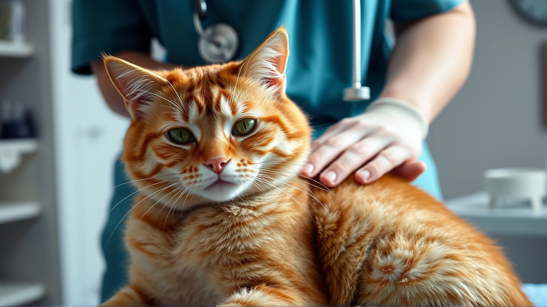 Wide horizontal shot of a veterinarian lifting the fur of a calm orange tabby cat to reveal a small subcutaneous lump, clinical setting, soft daylight