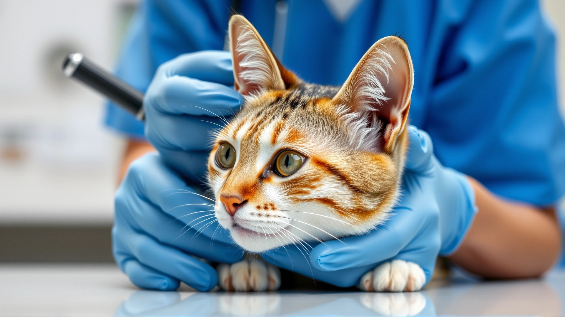 Close-up shot of a calm female cat being examined by a veterinarian wearing gloves, clinic background