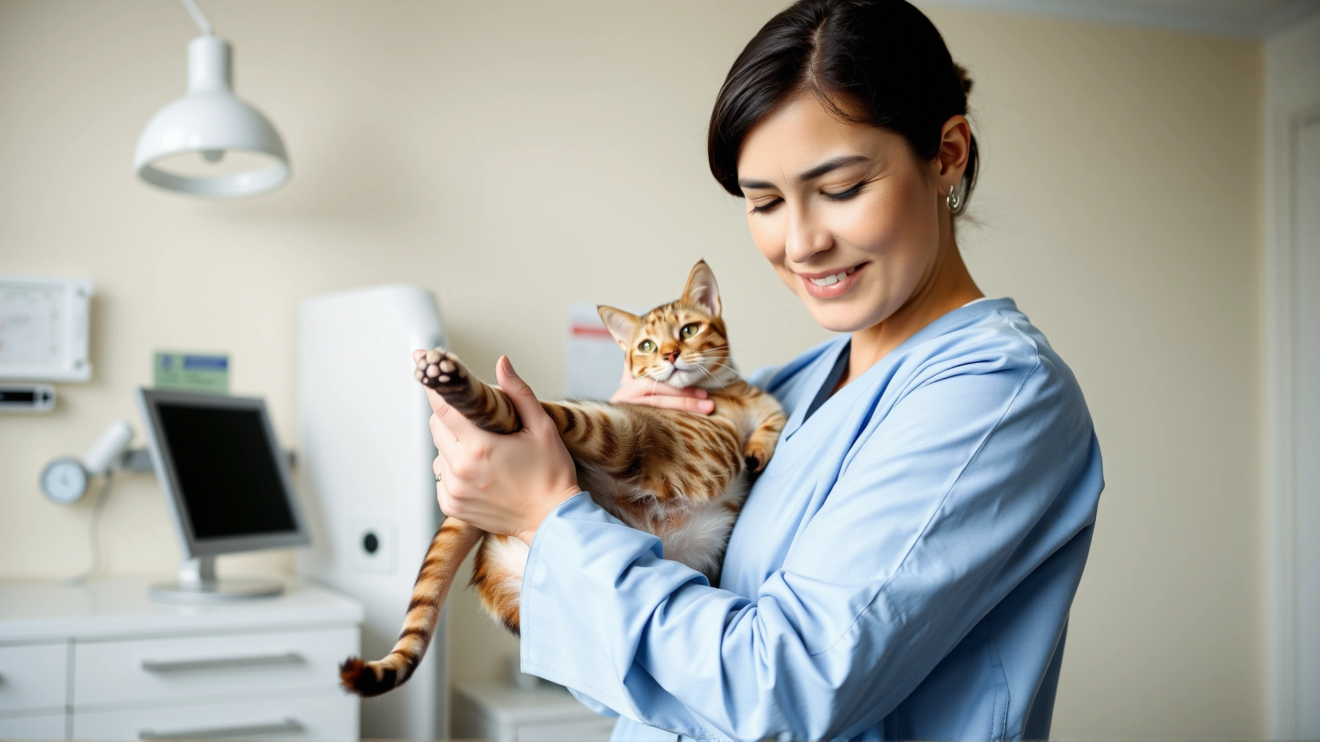Horizontal banner image of a veterinarian gently holding a tabby cat while examining its front leg in a bright clinic environment, conveying care and professionalism