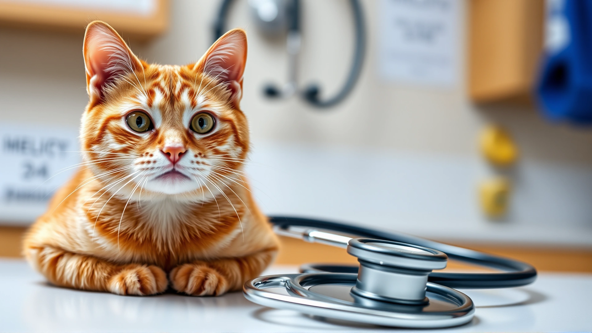 Close-up of an alert ginger cat sitting on a vet clinic counter with a stethoscope nearby, conveying medical focus and concern