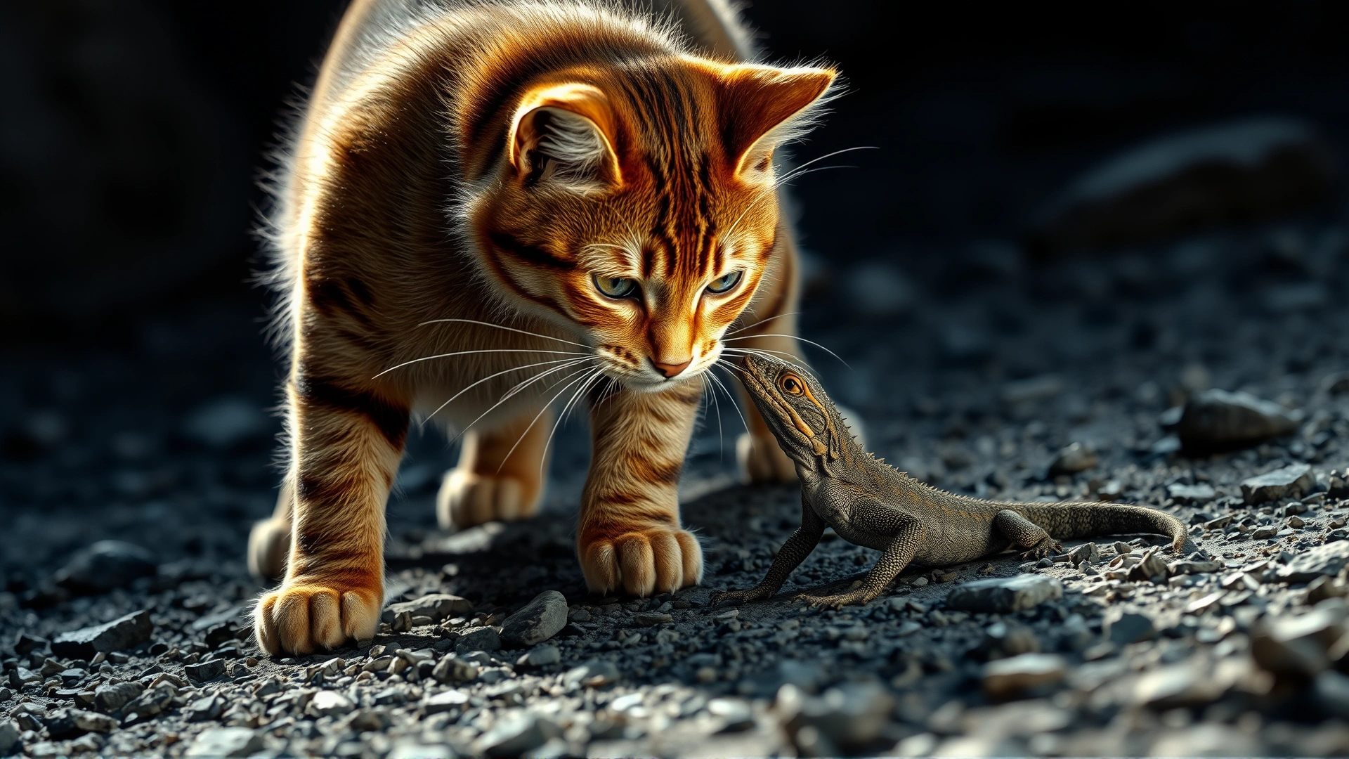 Domestic cat in mid-pounce toward a lizard on rocky ground, dramatic lighting, showcasing the potential interaction that could lead to a venomous bite