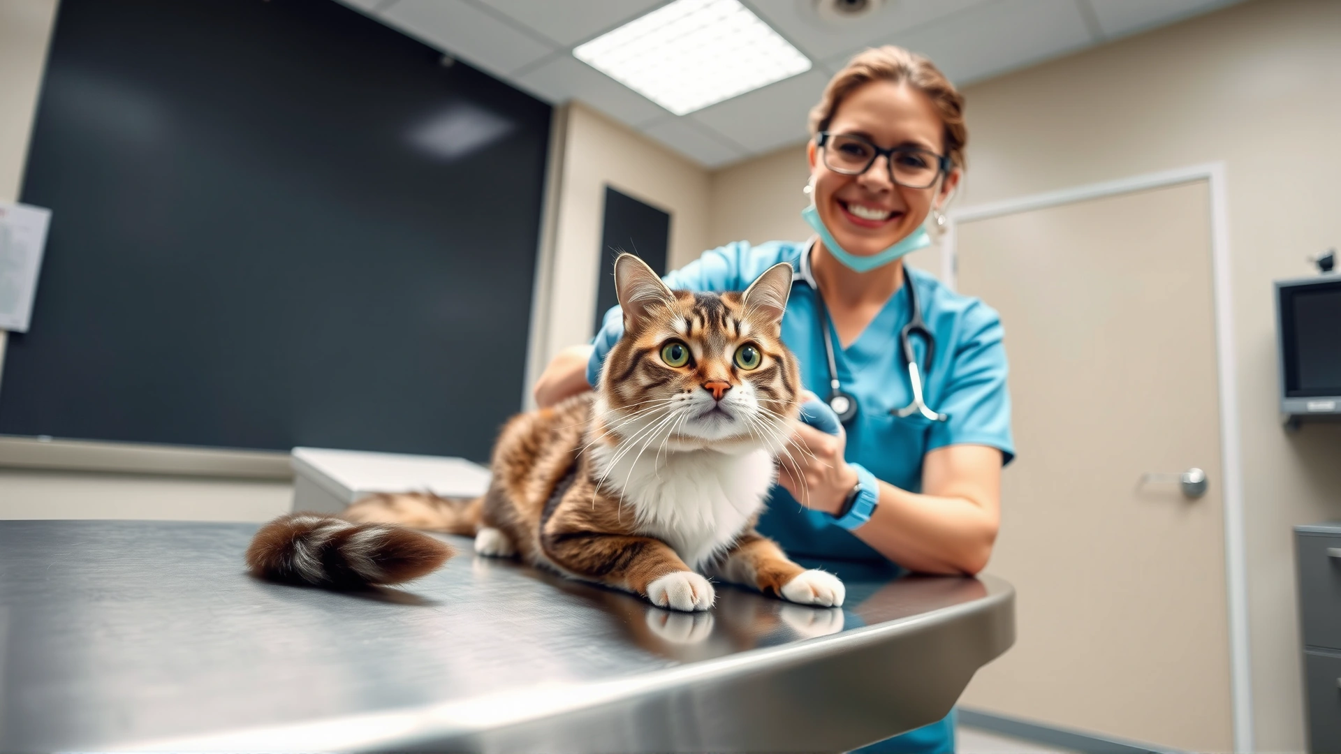 A wide, welcoming shot of a veterinarian smiling while examining a healthy cat on a stainless-steel exam table, soft clinic lighting, no text.