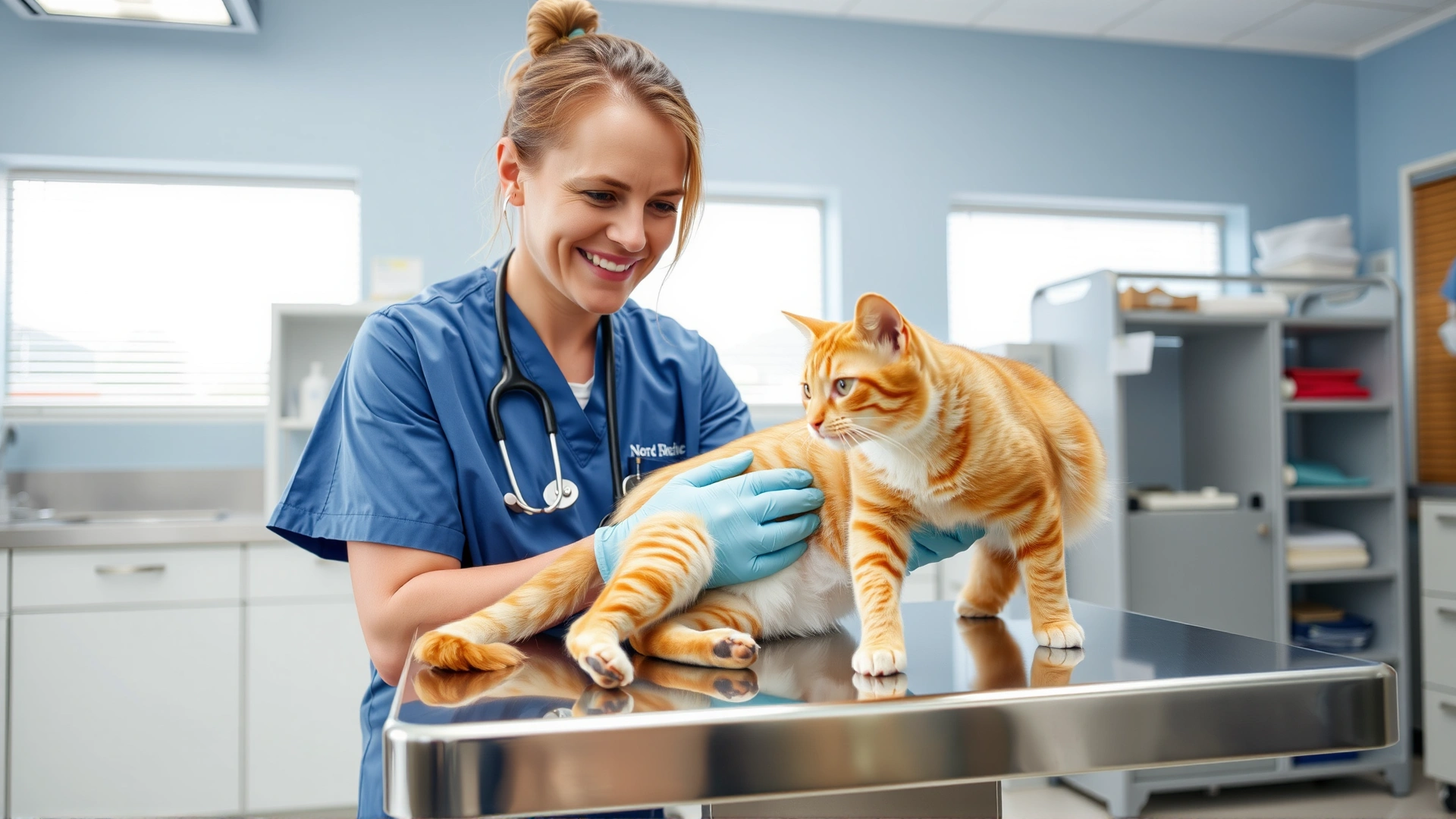 Friendly veterinarian examining an orange tabby cat on a stainless-steel exam table inside a bright veterinary clinic.
