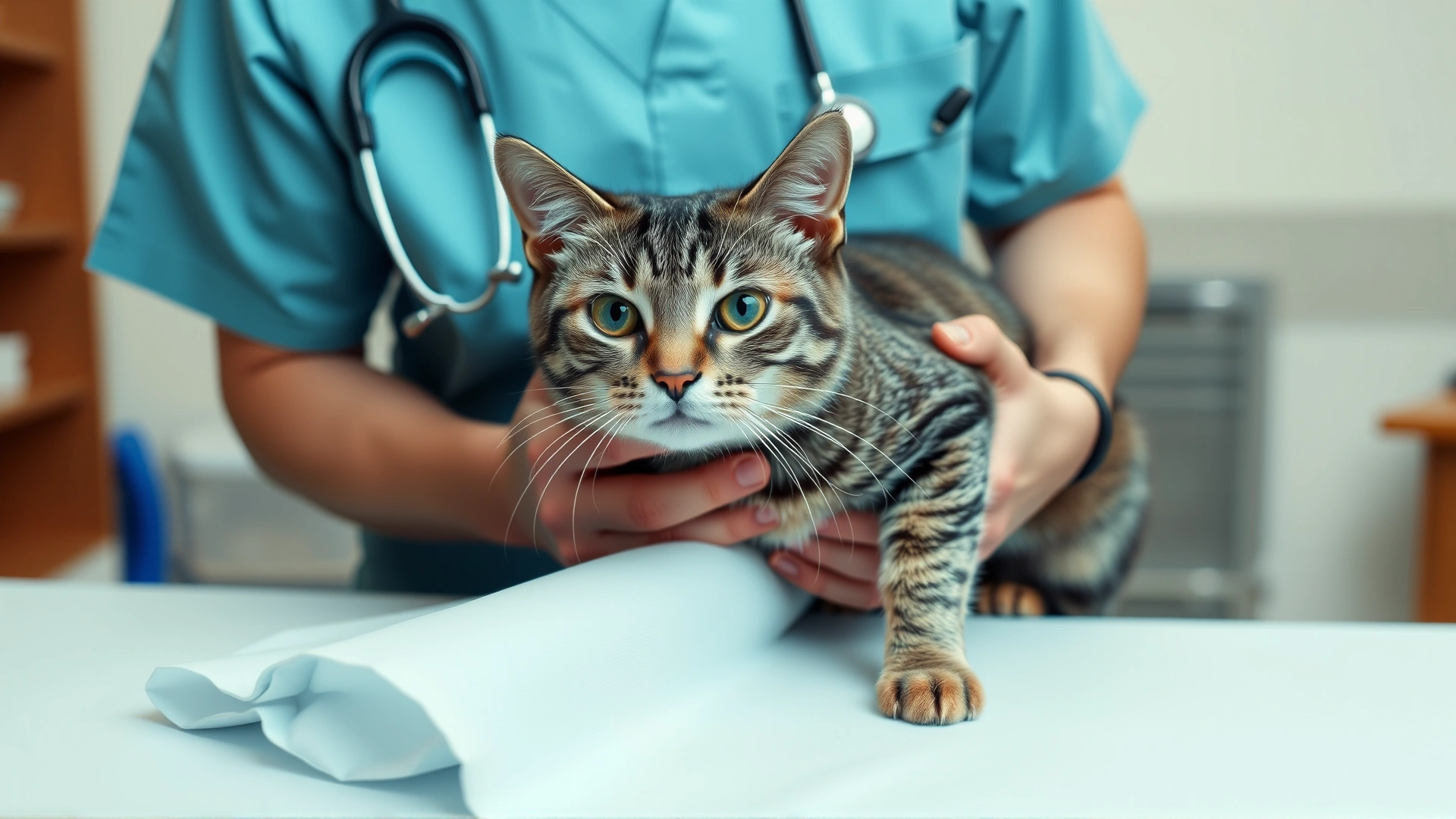 Wide shot of a veterinarian holding a grey tabby cat on an examination table, clinic setting, both looking toward camera; introduces topic of feline heart health