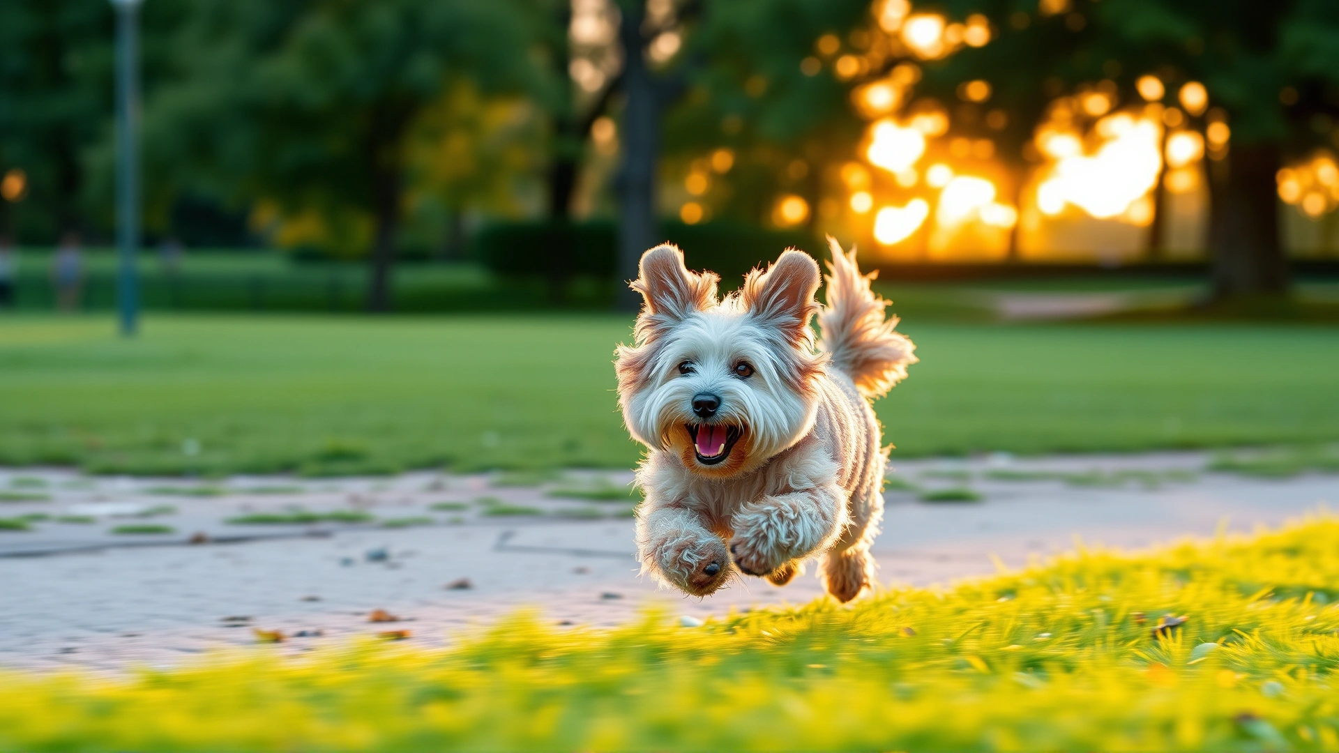Wide-angle shot of a Whoodle joyfully running across a green park during golden hour, ears flopping, motion blur in background, no text.