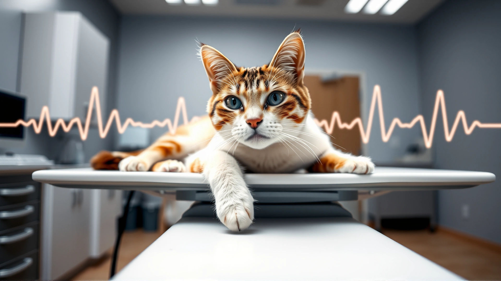 Wide-angle shot of a healthy domestic cat lying calmly on a white veterinary exam table with subtle heartbeat graphics faintly blurred in the background, clean and bright clinic setting, no text.