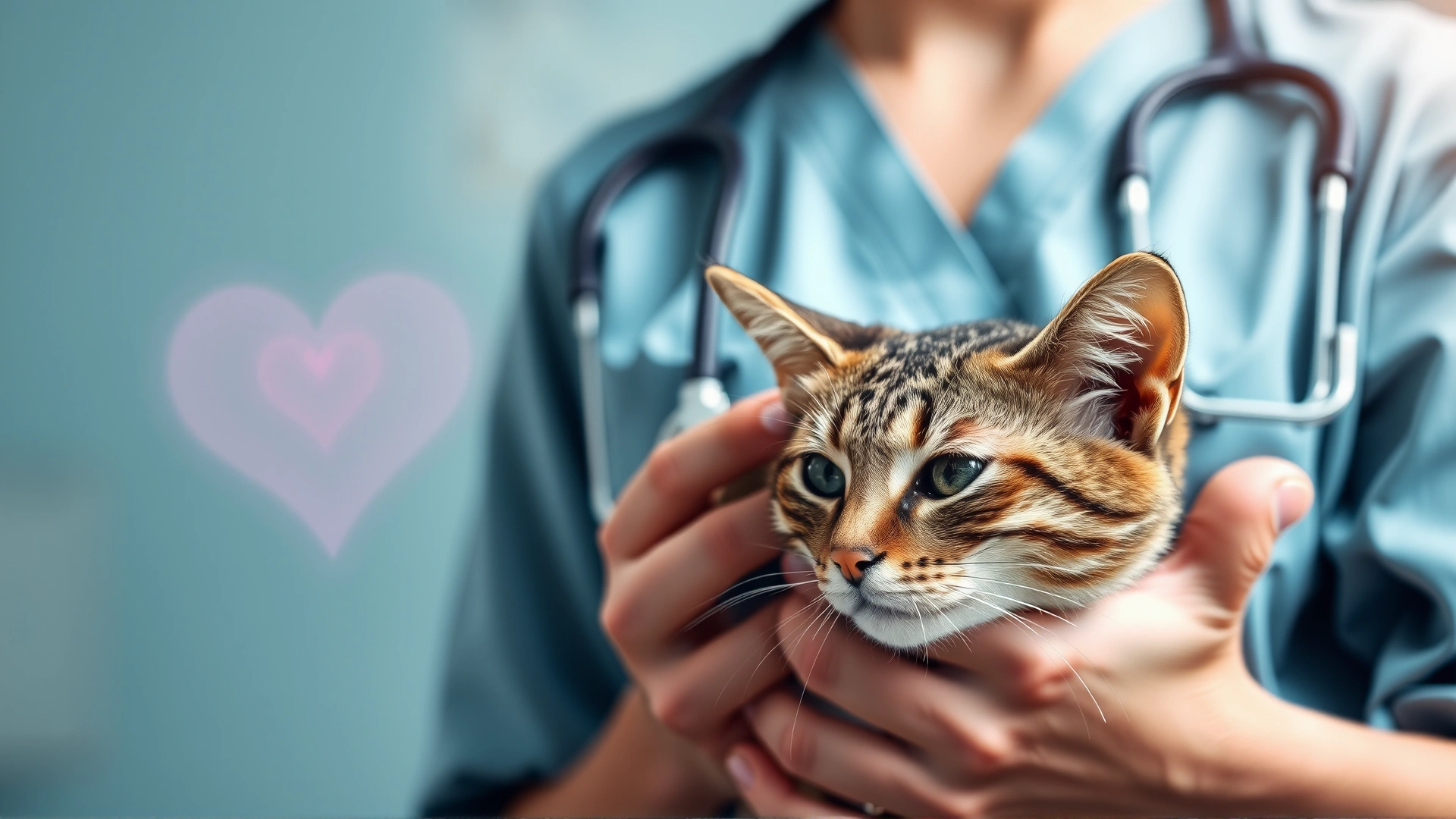 Wide-angle shot of a veterinarian gently holding a tabby cat with a soft heart icon overlay blurred in the background to convey feline cardiovascular health