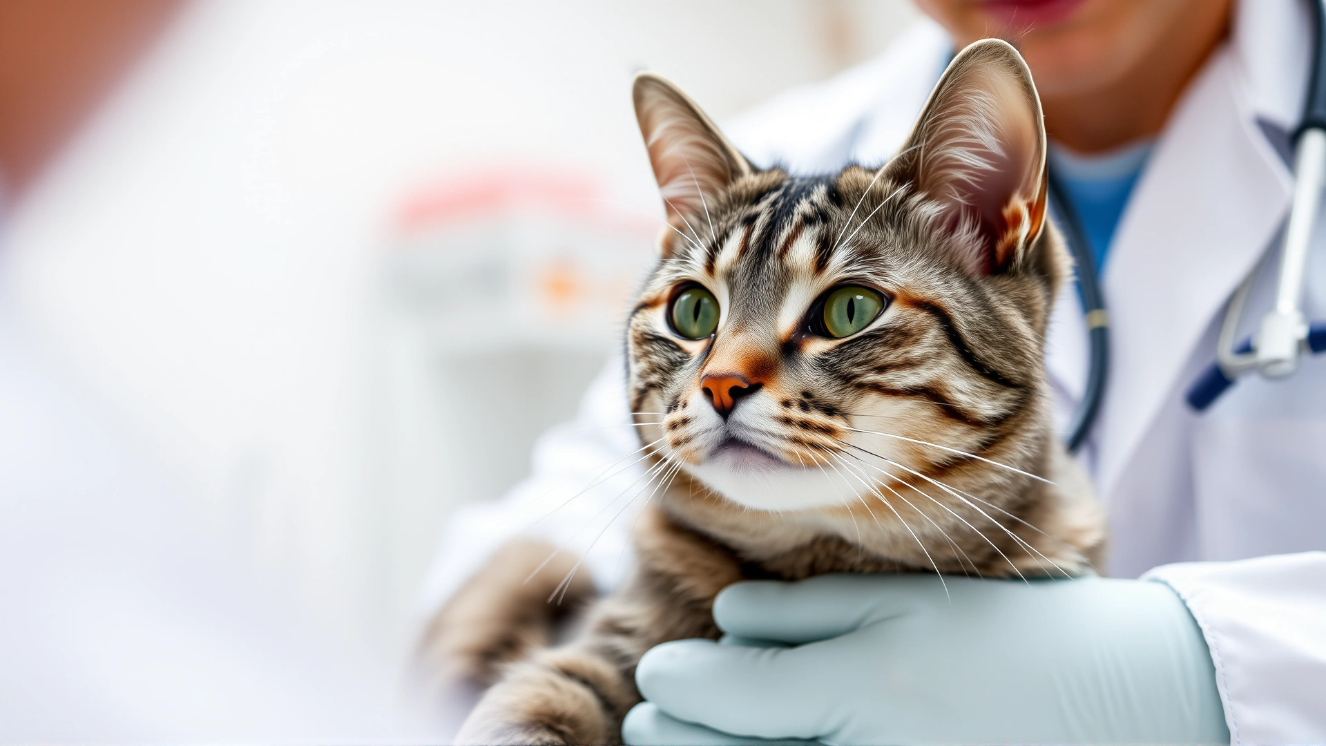 Close-up of a grey tabby cat calmly looking while a veterinarian wearing white coat places stethoscope on its chest, veterinary clinic background, bright lighting, high resolution