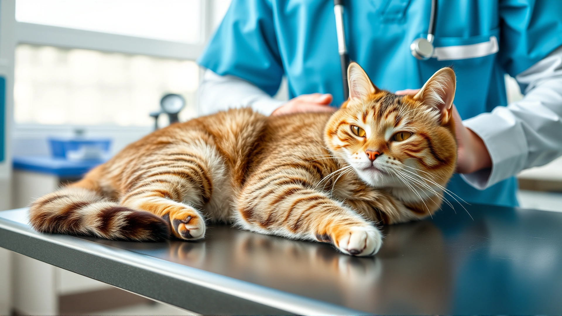 Domestic short-haired cat lying calmly on an examination table while a veterinarian listens to its heart with a stethoscope in a bright clinic room.