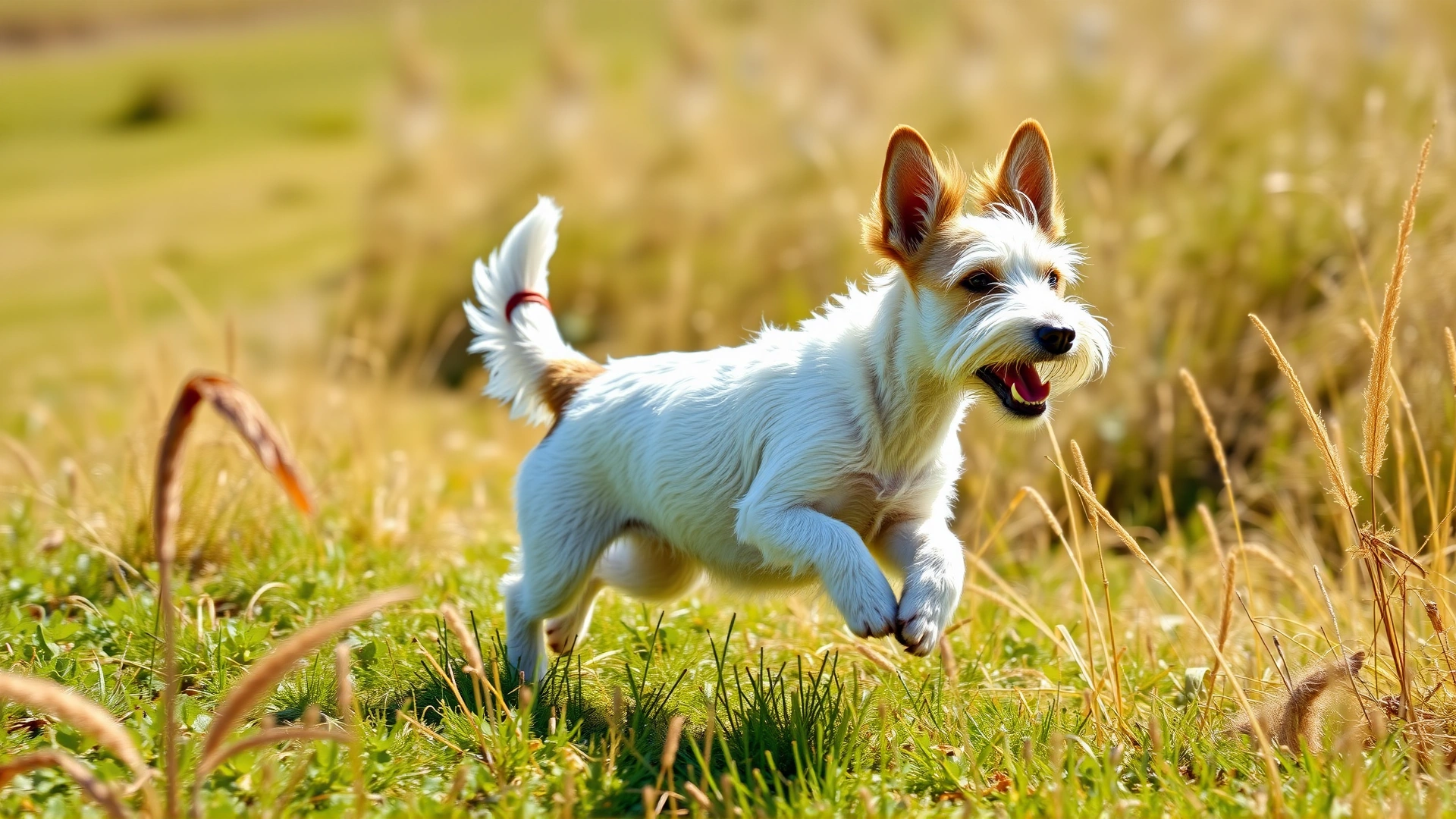 An energetic Wire Fox Terrier running through a grassy field under bright daylight