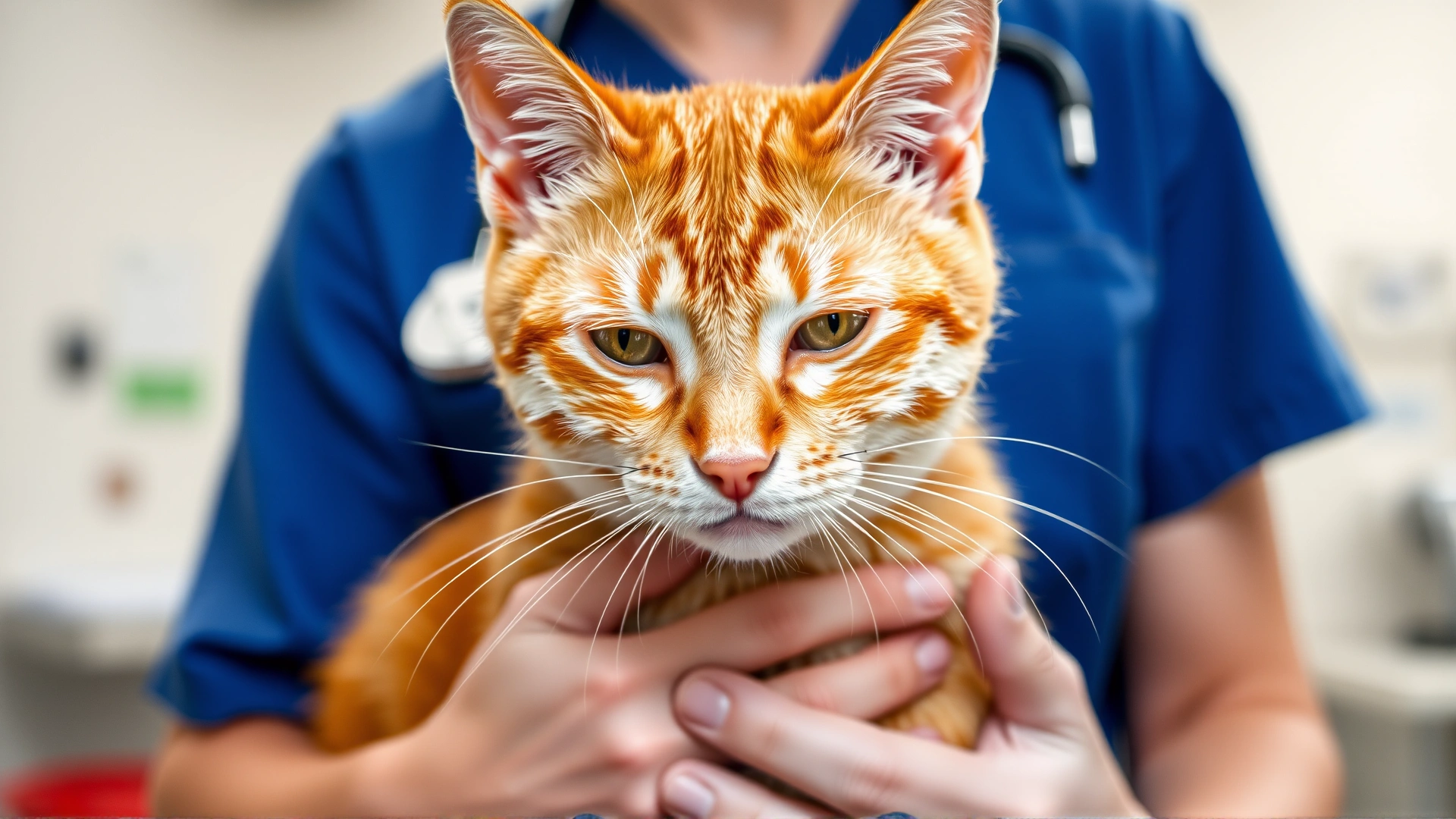 Close-up photograph of an orange tabby cat looking slightly fatigued while being gently held by a veterinarian wearing blue scrubs in a bright clinic setting.