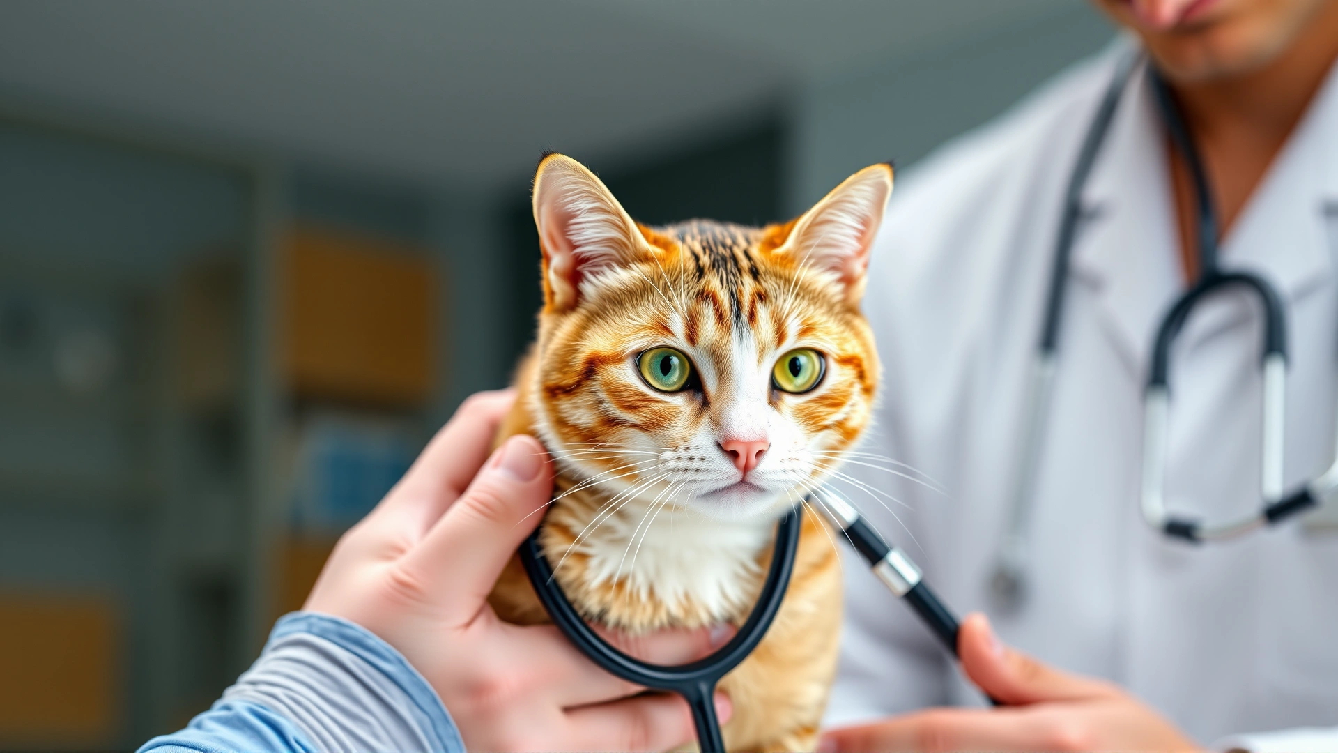 Domestic short-haired cat being examined by a veterinarian using a stethoscope on the cat's chest, modern veterinary clinic background.