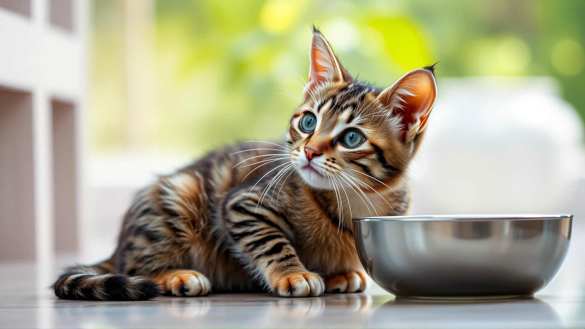 Healthy young tabby cat sitting near a bowl of fresh water with soft lighting, highlighting hydration importance.