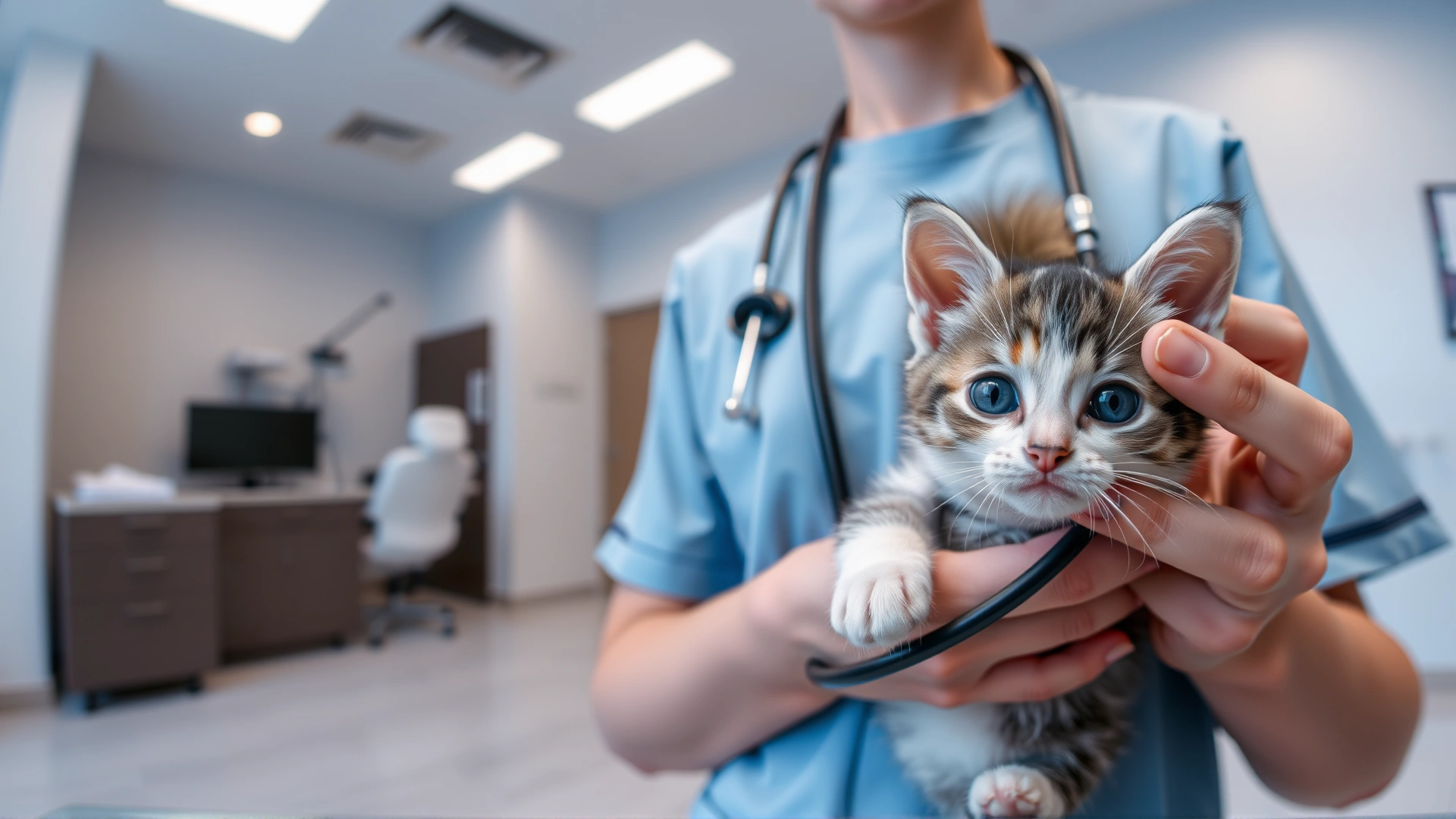 Wide-angle shot of a veterinarian gently holding a small grey and white kitten with a stethoscope around their neck in a modern clinic, conveying care and professionalism