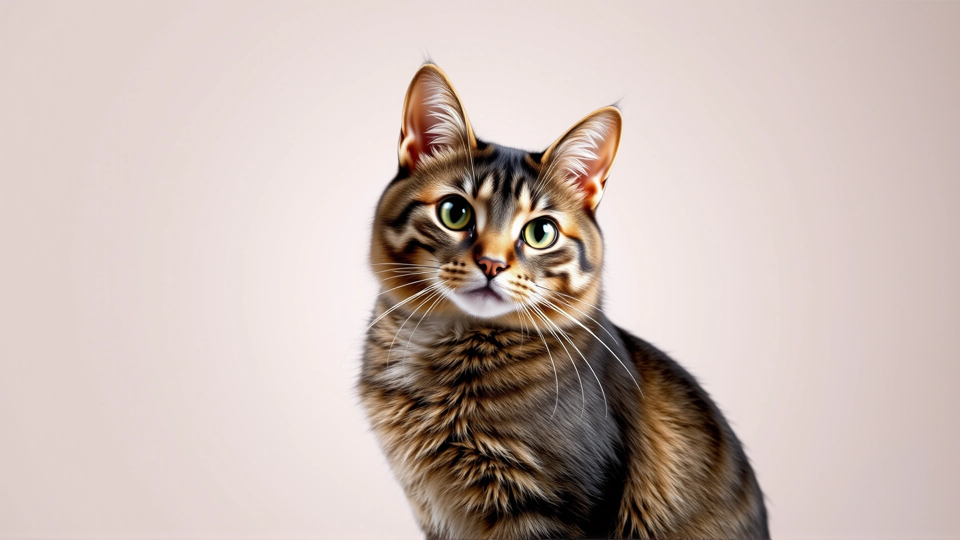 Portrait of a healthy domestic shorthair cat sitting upright against a soft gradient background, representing overall feline wellness.