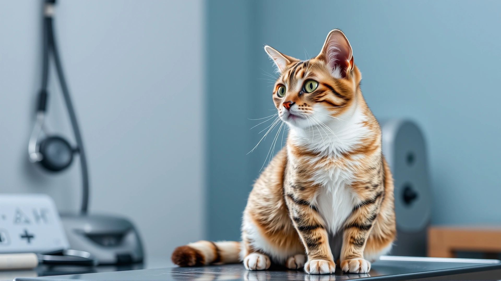 Healthy domestic short-haired cat sitting proudly on a vet examination table with soft backlighting, representing feline health