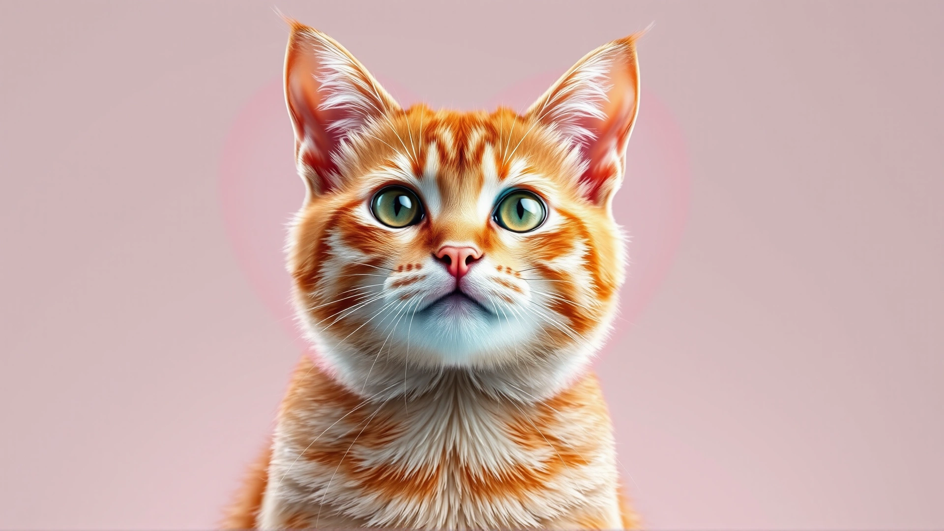 Wide banner image of a healthy orange tabby cat sitting confidently with a subtle transparent heart silhouette overlay, soft neutral background, modern lighting