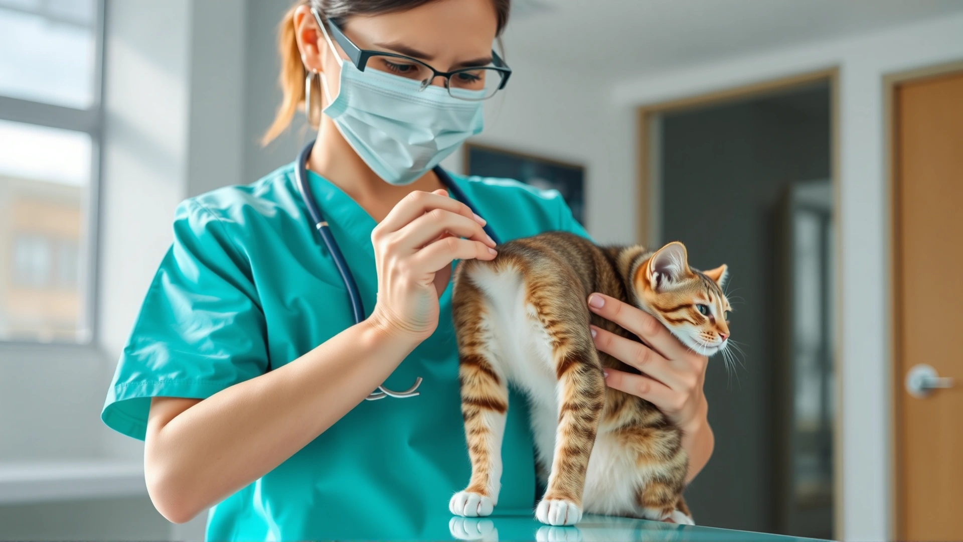 Veterinarian gently supporting a cat in a standing position while examining its spine, bright modern clinic setting, no visible text.