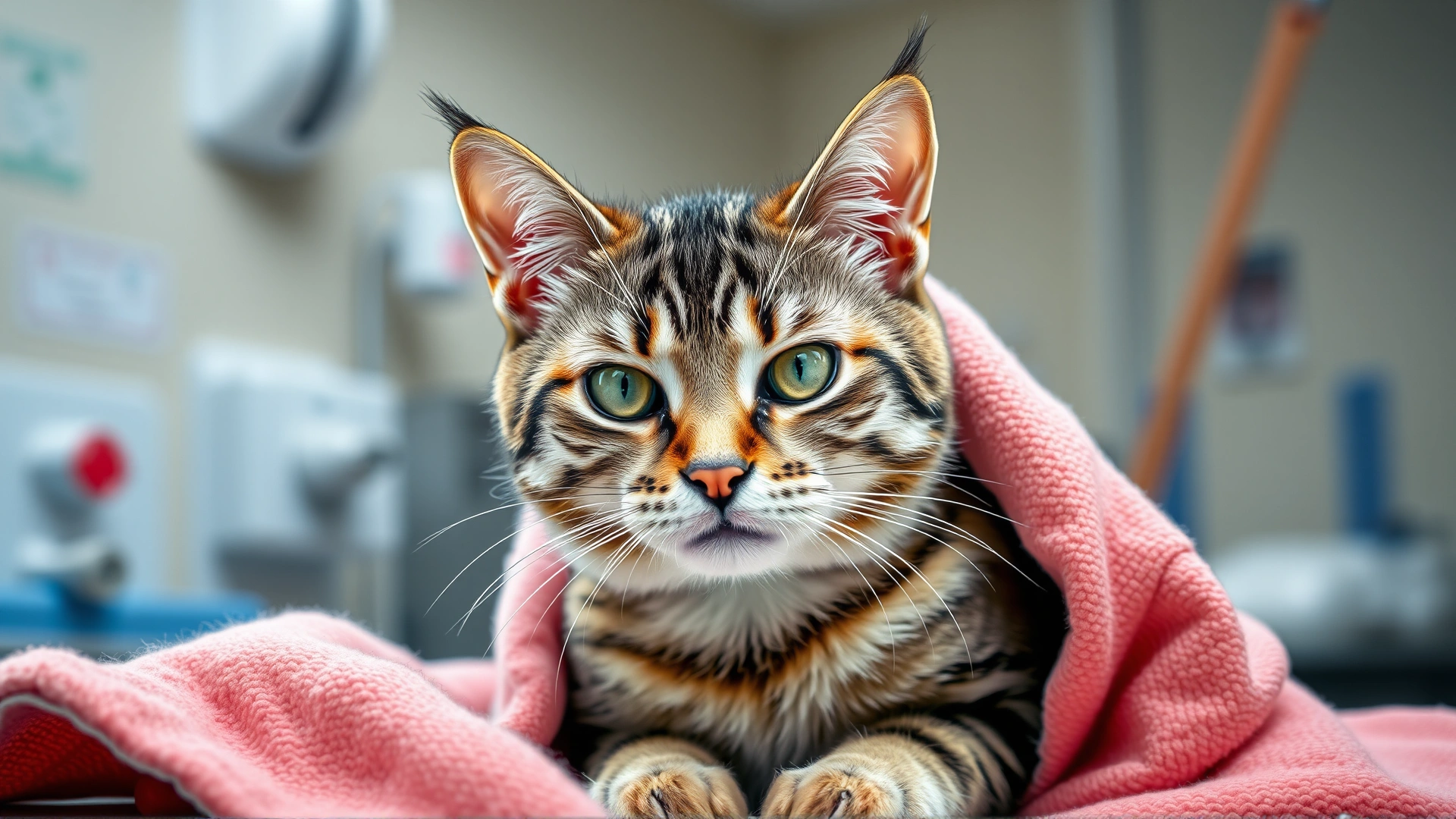 Anxious tabby cat wrapped in a soft towel at a veterinary clinic, with blurry medical equipment in the background, conveying urgency and care.