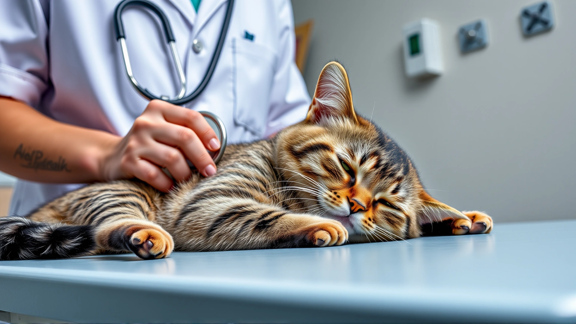Wide-angle shot of a veterinarian holding a stethoscope over a calm adult cat lying on an examination table, with soft clinic background lighting