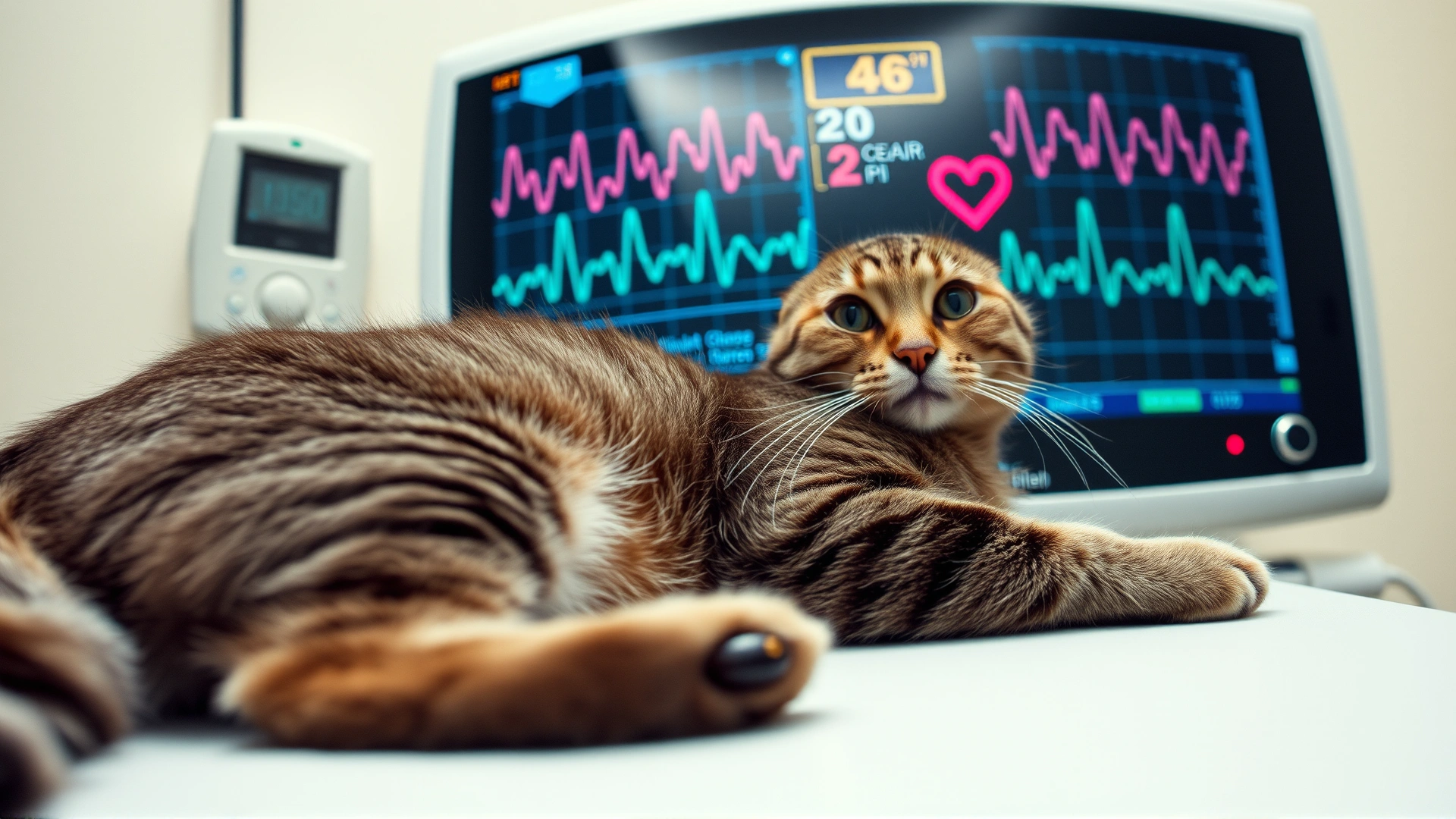 Wide-angle photo of a grey tabby cat lying on an examination table with a digital ECG monitor in the background displaying heart waves, symbolizing cardiac health.