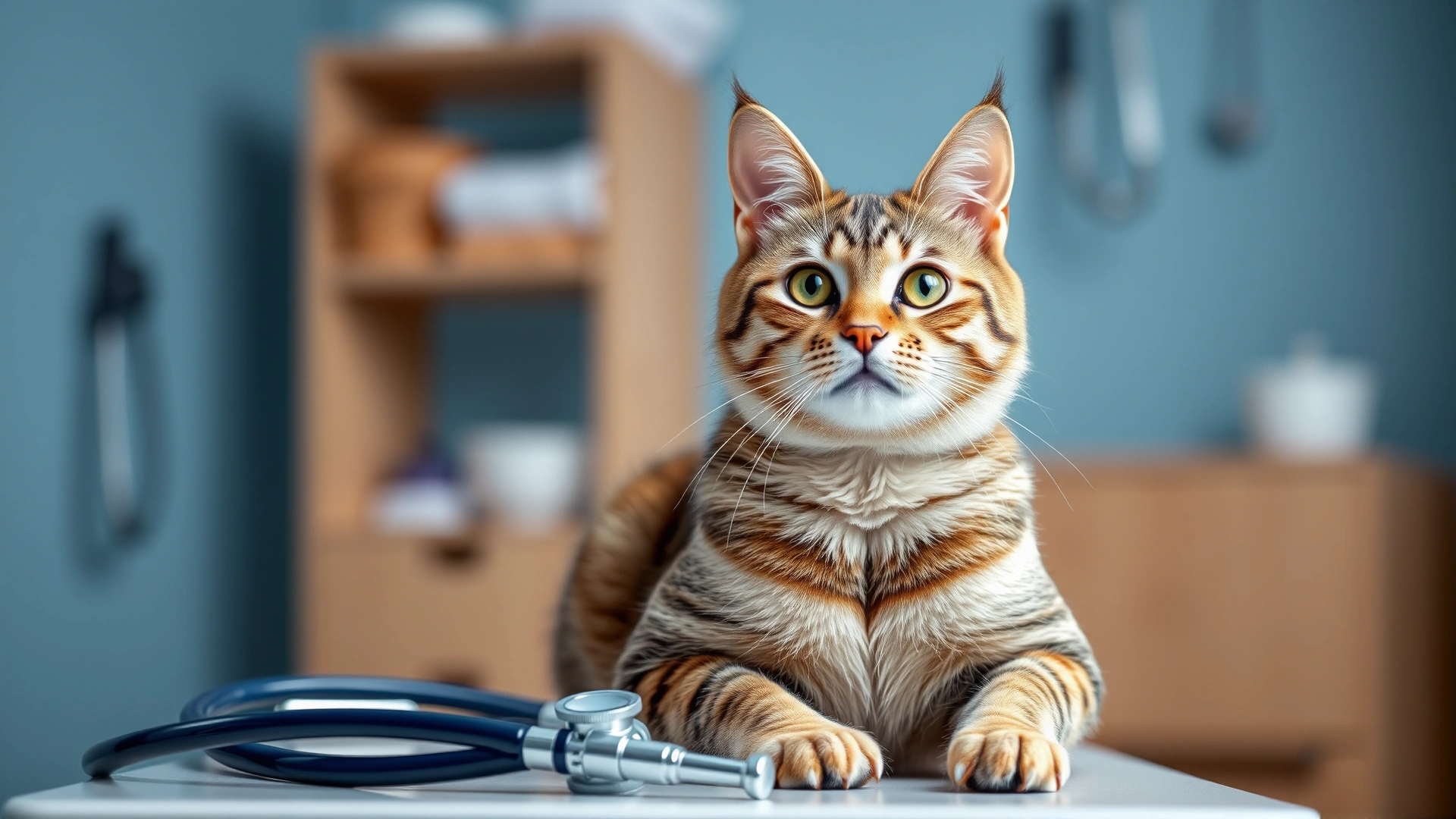 Healthy-looking indoor cat sitting on an examination table with a stethoscope and medical tools blurred in the background, conveying veterinary care theme.