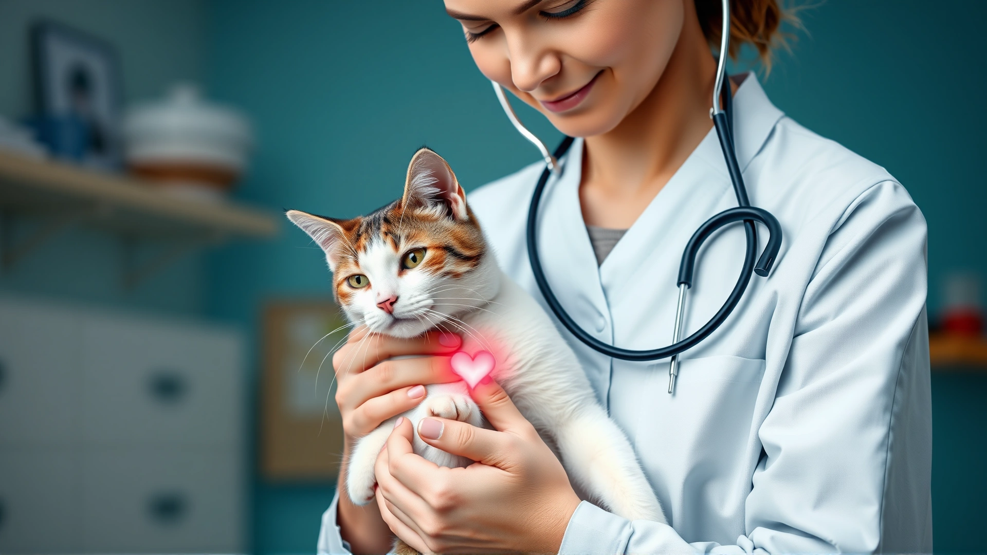 Wide horizontal image of a veterinarian gently holding a cat while listening to its heart with a stethoscope, warm lighting, professional clinic setting