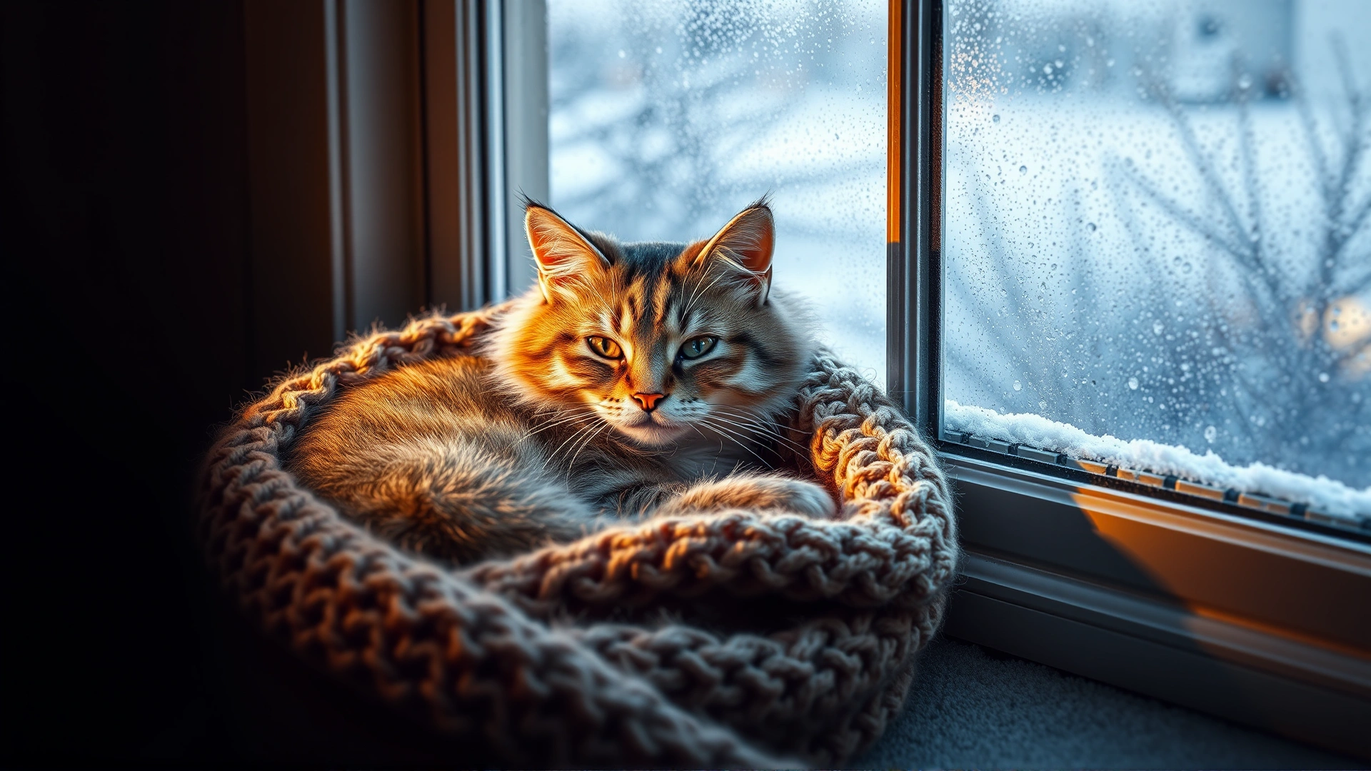 Wide banner image of a cat curled up inside a knitted blanket beside a frosted window, warm indoor lighting contrasting with cold outdoor scene (no text).