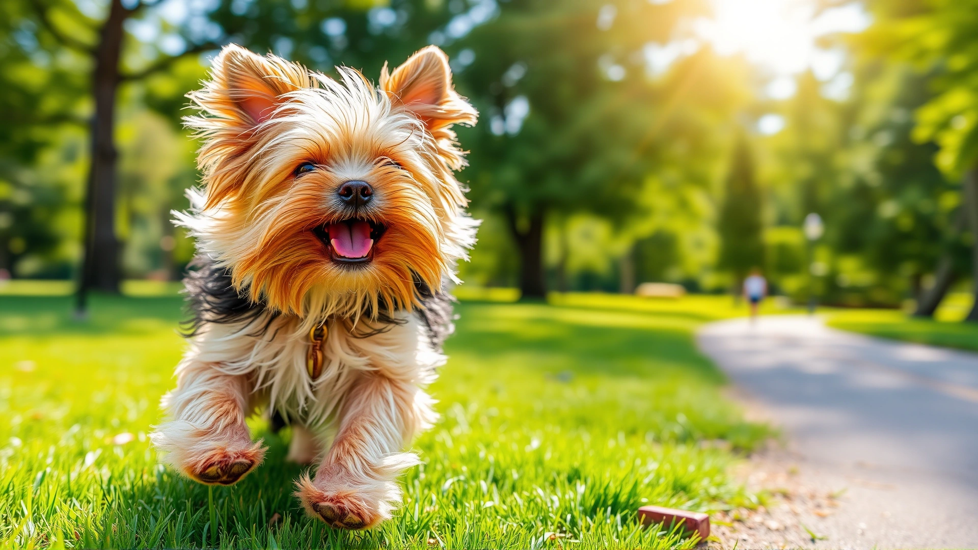 Wide-angle photo of a happy Yorkiepoo running on green grass in a sunny park, motion blur in the background, vibrant colors