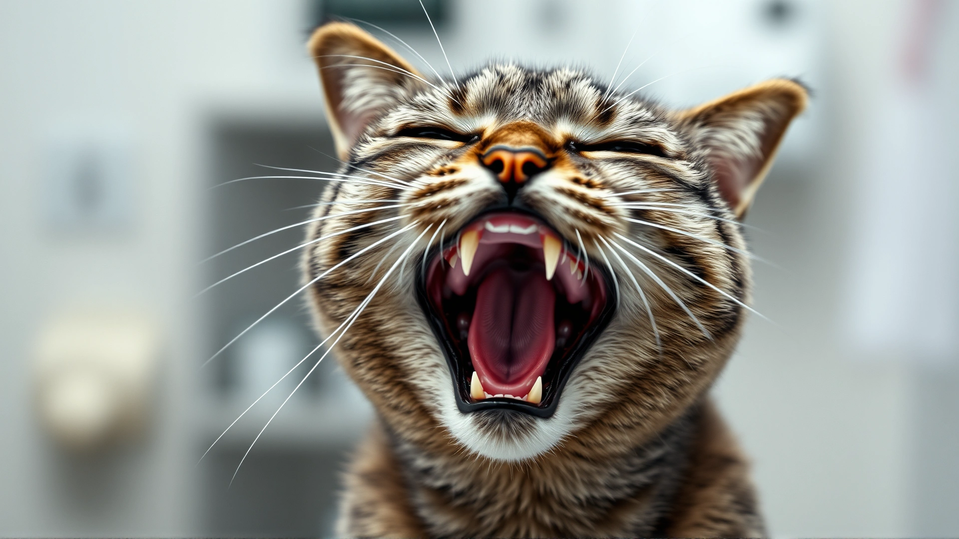 An expressive photo of a grey tabby cat showing dark red gums while yawning, highlighting a key symptom of polycythemia; softly lit, clinic setting.