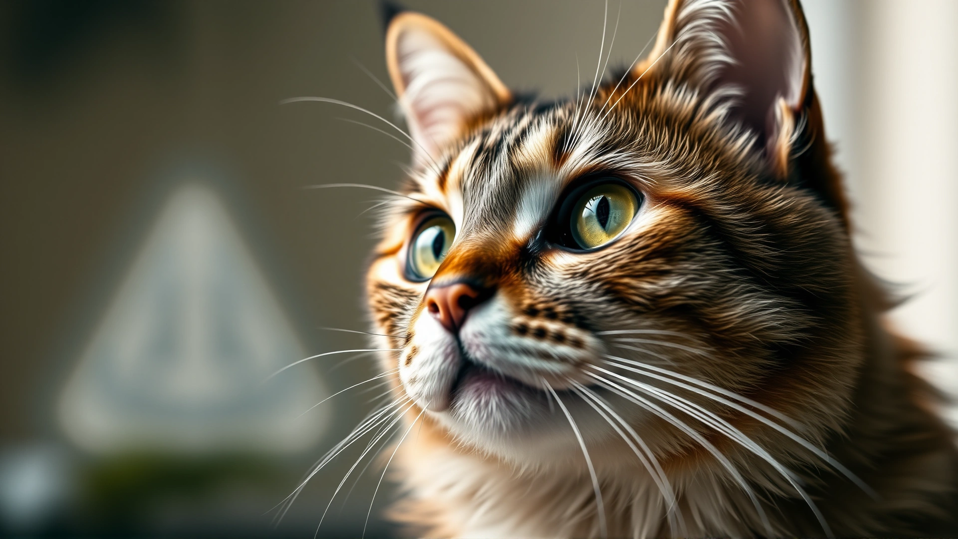 Close-up of a healthy adult cat looking alert with a soft vignette background that transitions into a subtle warning symbol blurred behind, representing vigilance against toxins, no text